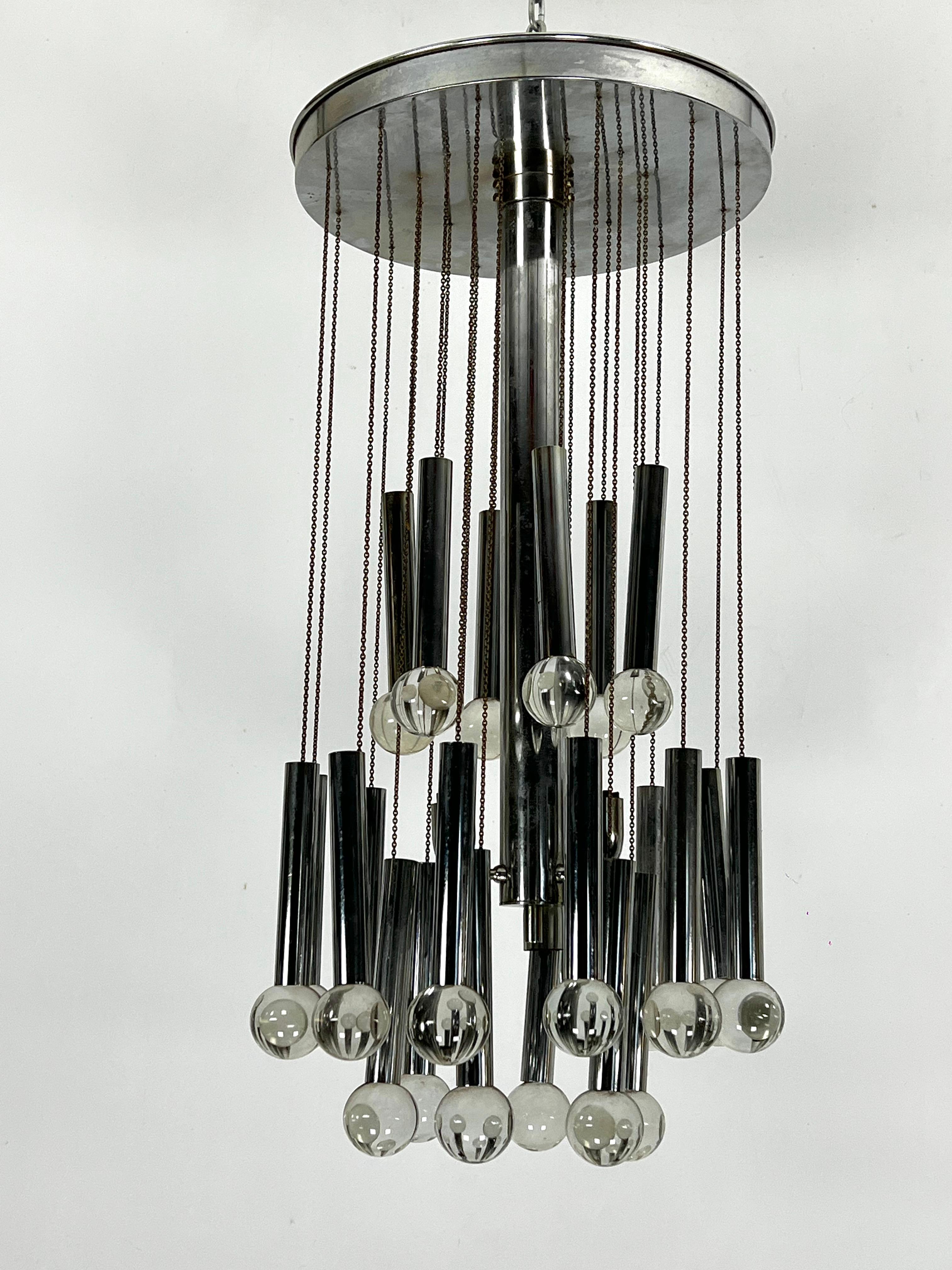 Mid-Century Modern Sciolari, iconic glass sphere and chrome chandelier. Italy 1960s For Sale