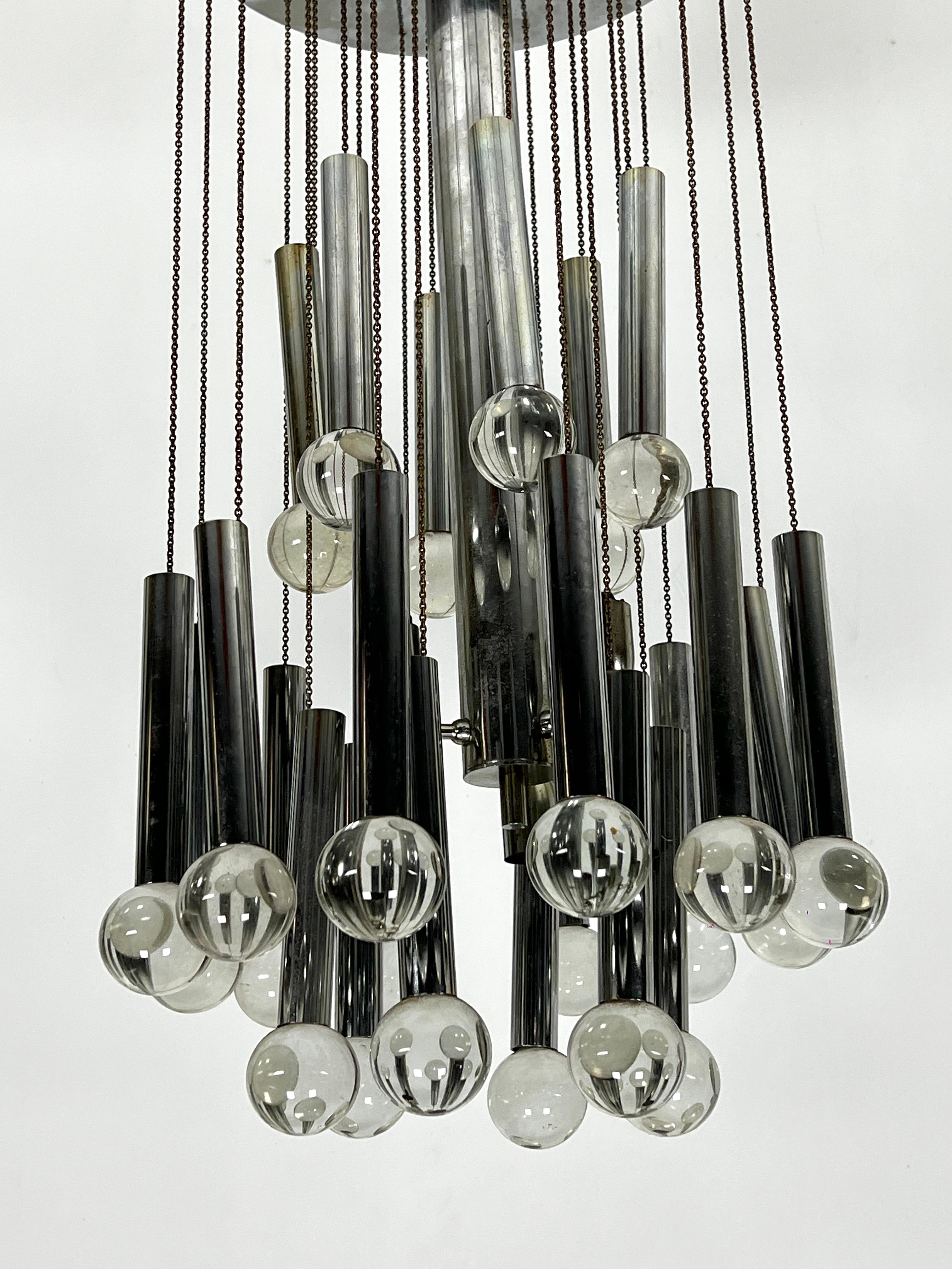 Italian Sciolari, iconic glass sphere and chrome chandelier. Italy 1960s For Sale
