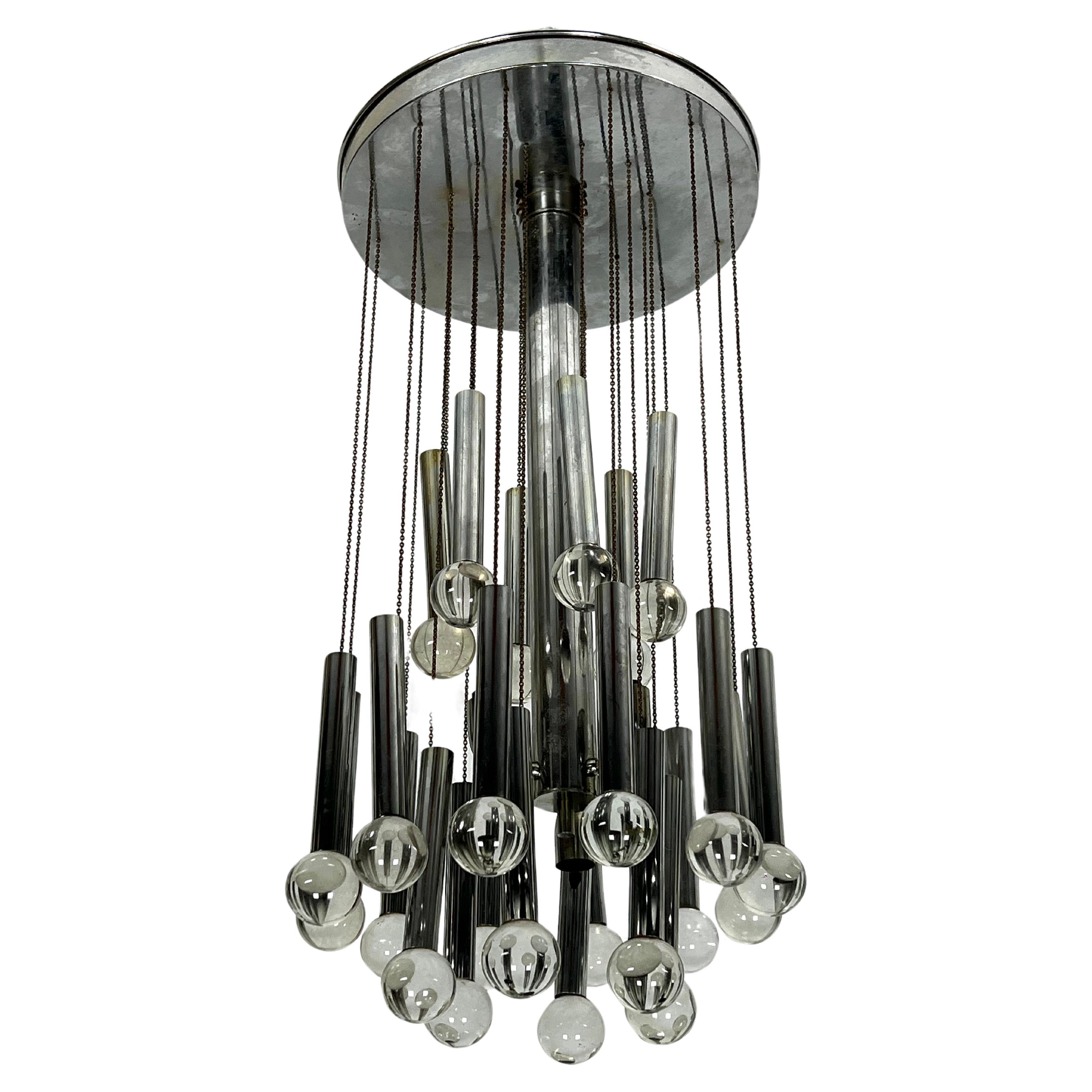 Sciolari, iconic glass sphere and chrome chandelier. Italy 1960s For Sale