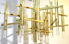 Sciolari Italian Atomic Era Chandelier in Polished Brass with Cylindrical Prisms