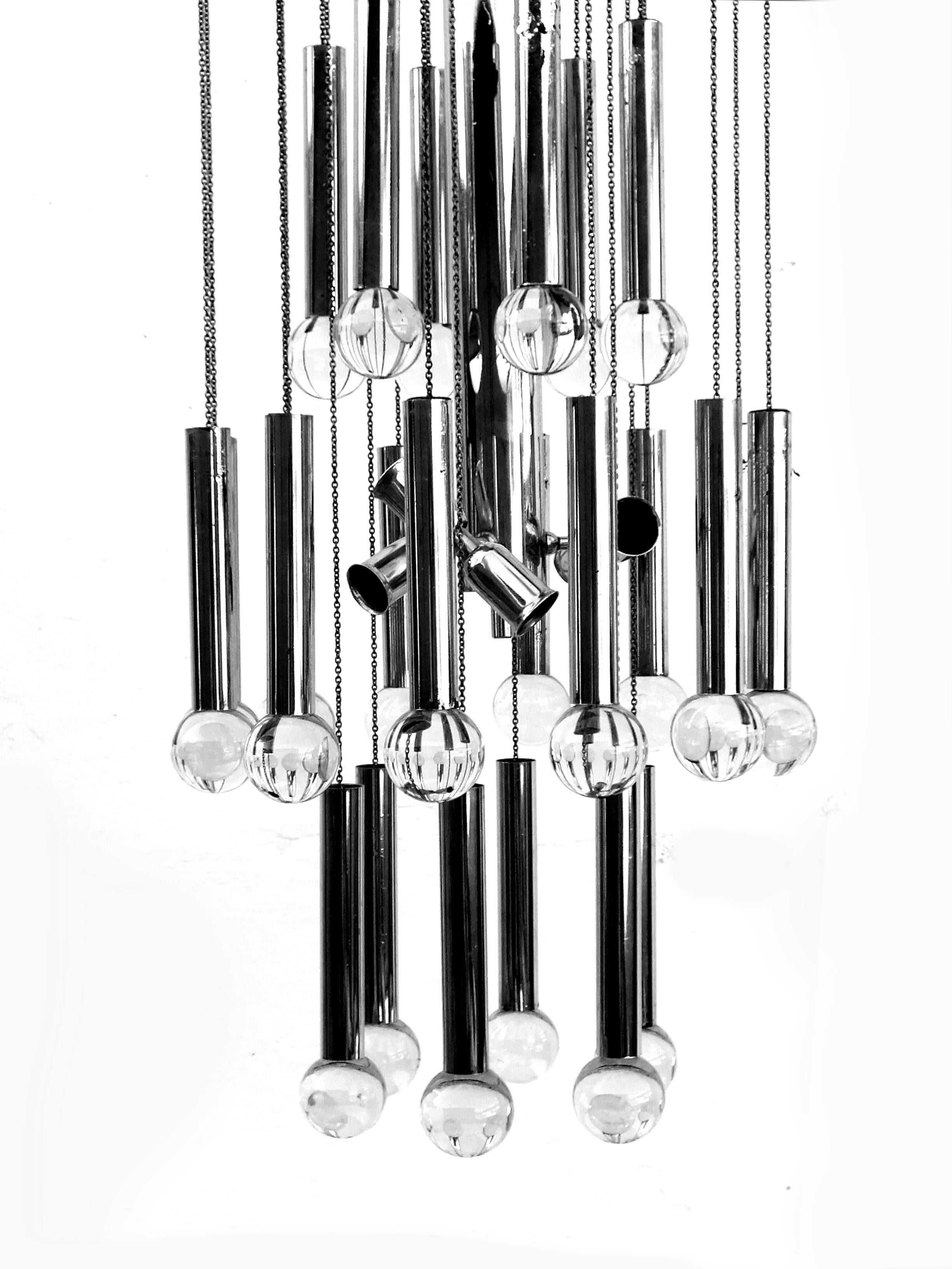 Sciolari Italy ceiling lamp crystal sphere design years '70 with structure in metal chrome and sphere in crystal 