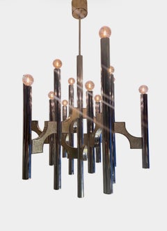 Sciolari Larg Twelfth-Light Chrome and Martele Panel Italian Chandelier