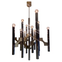 Sciolari Larg Twelfth-Light Chrome and Martele Panel Italian Chandelier