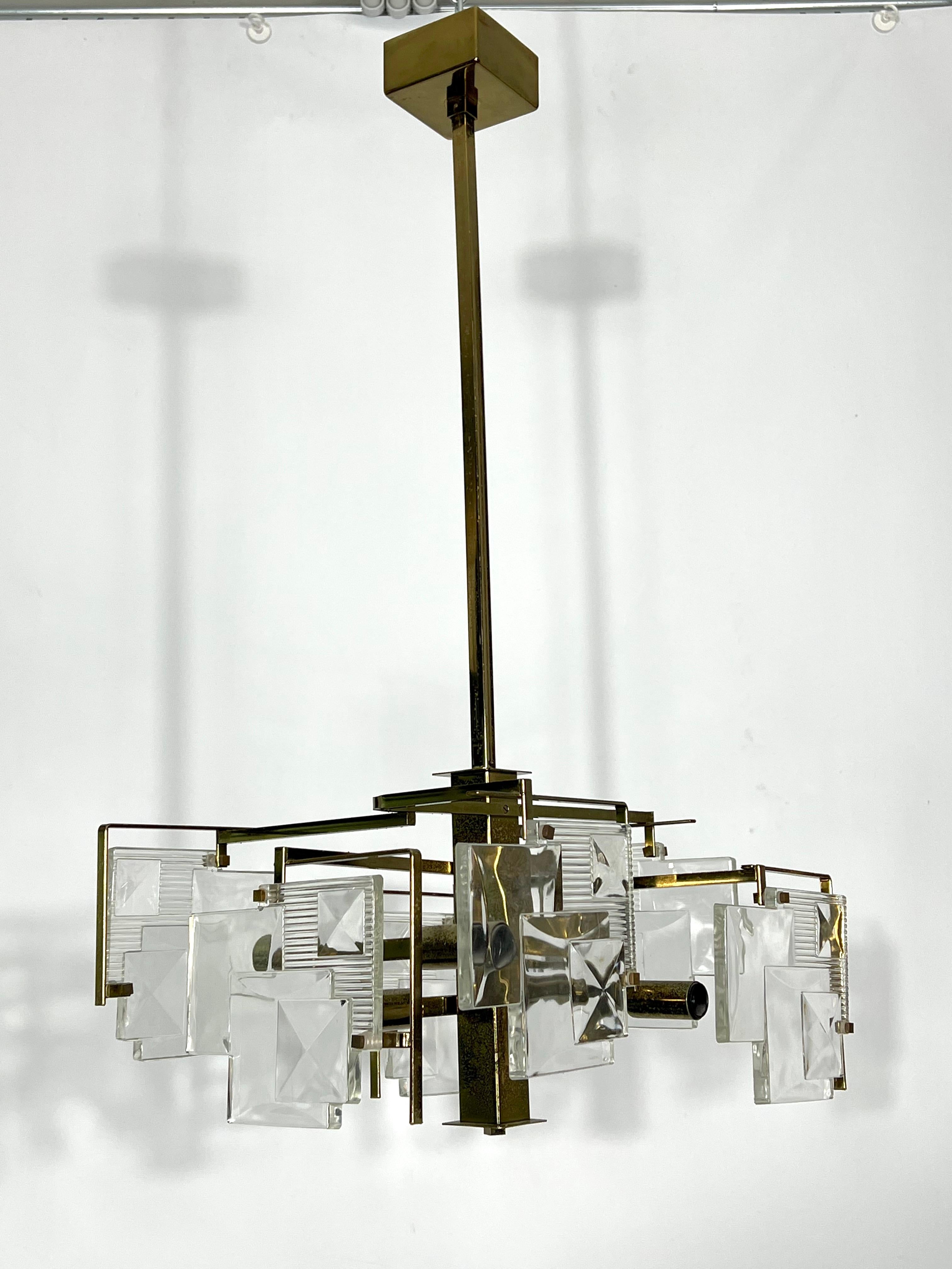 Sciolari, Mid-Century Modern Brass Chandelier, Italy 70s For Sale 11