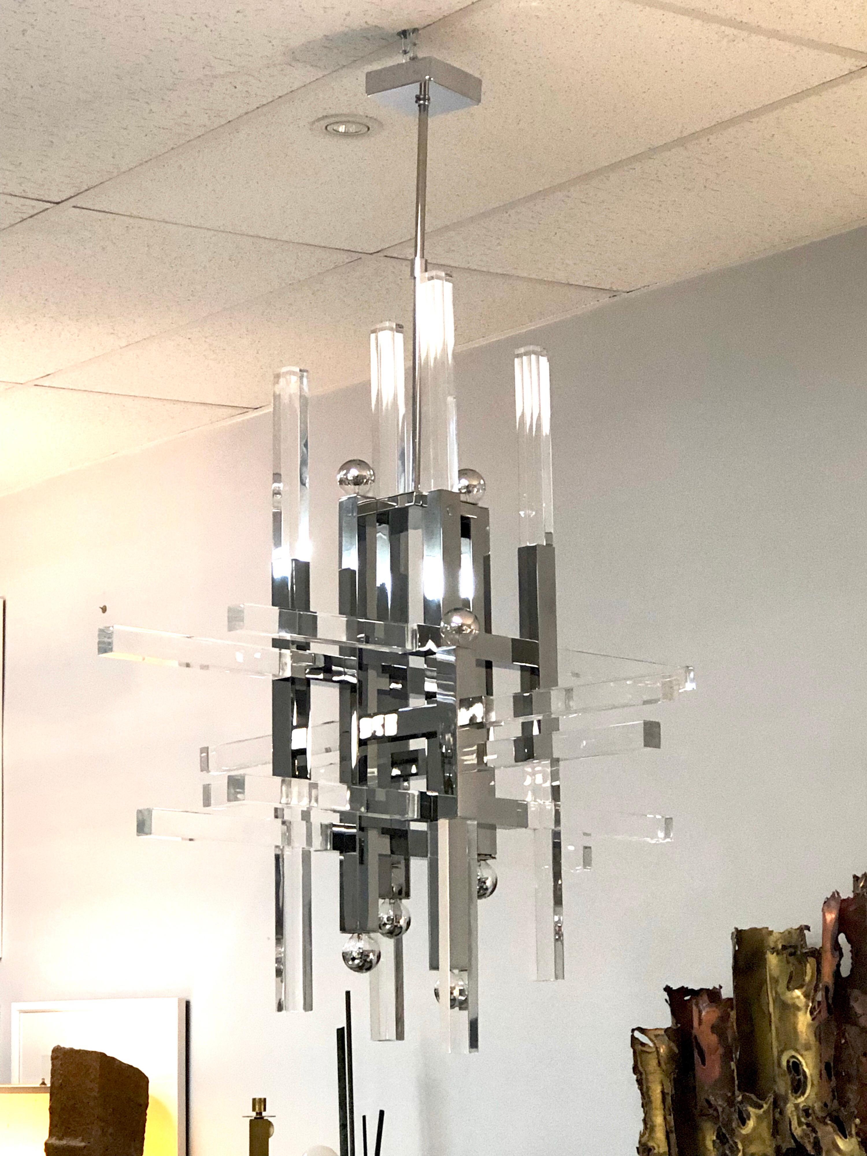 Sciolari Nickel and Lucite Modern Chandelier, 1970s For Sale 9