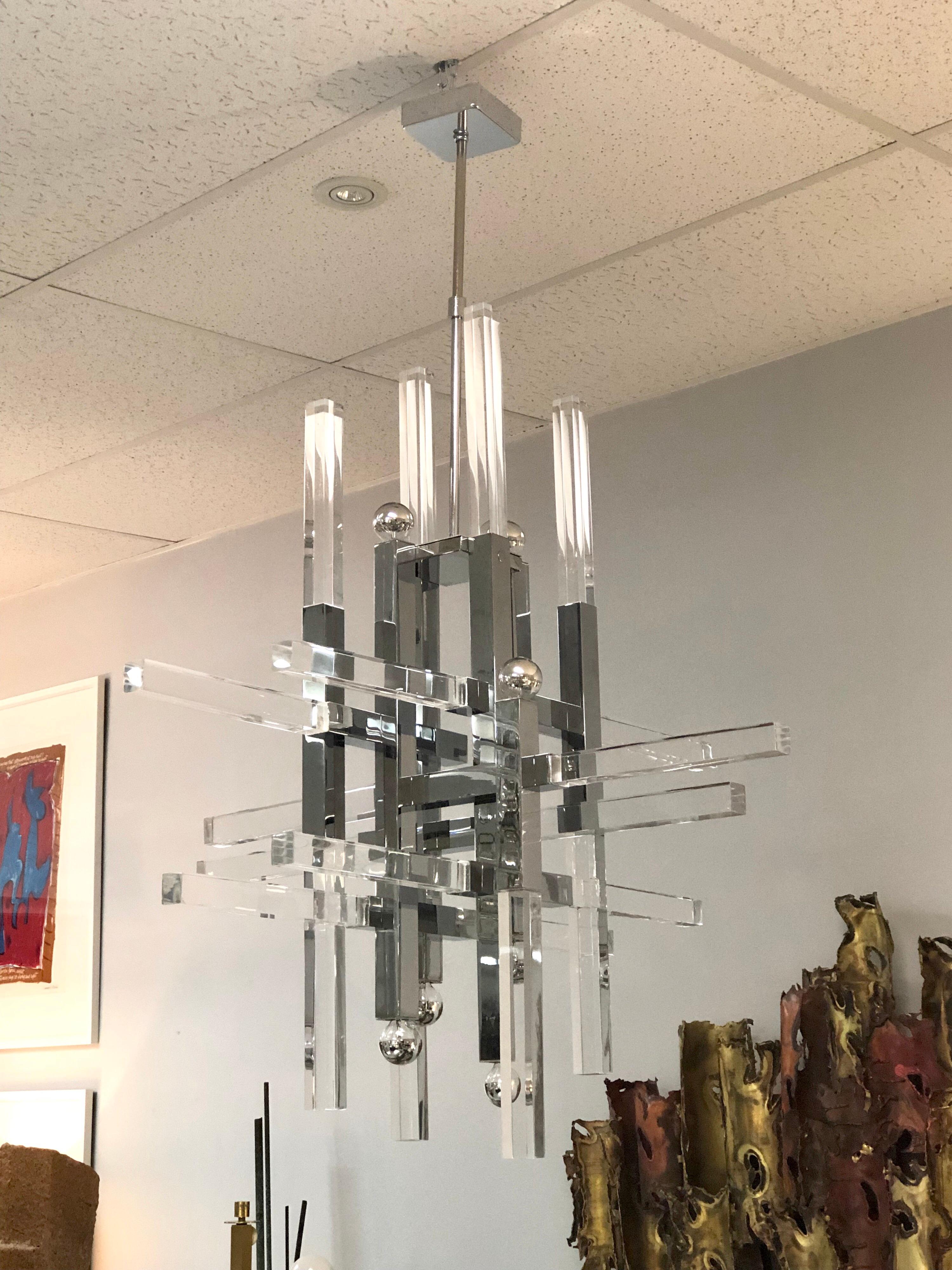 Late 20th Century Sciolari Nickel and Lucite Modern Chandelier, 1970s For Sale