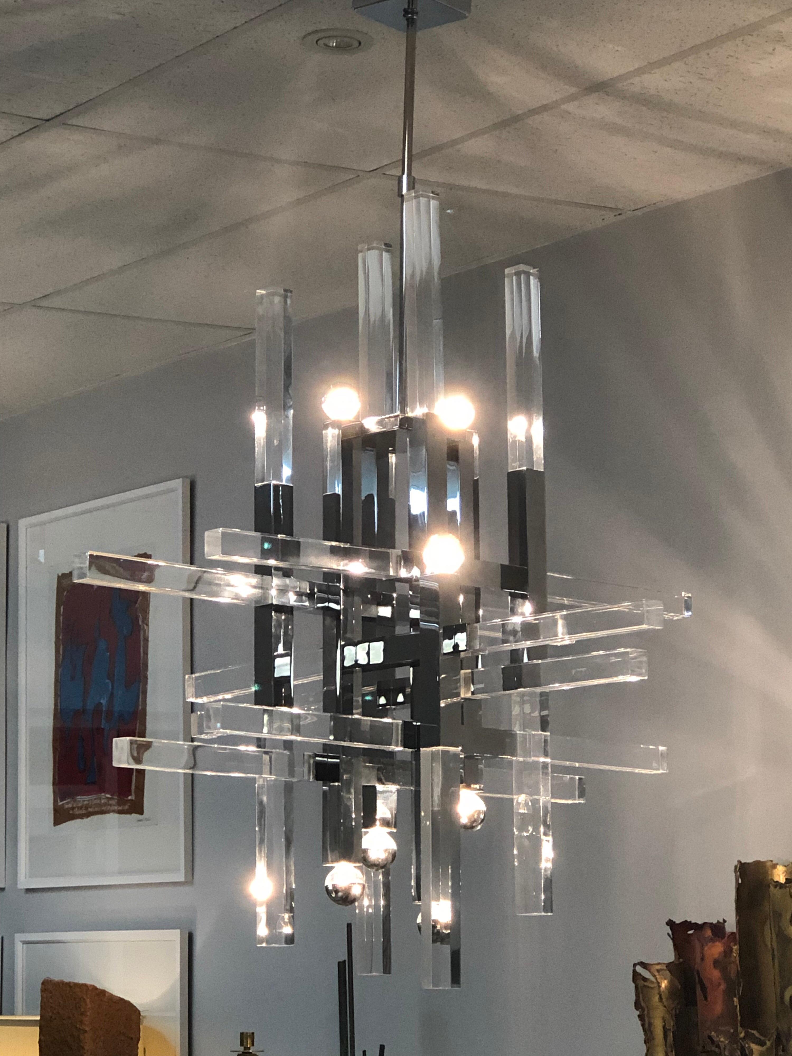 Sciolari Nickel and Lucite Modern Chandelier, 1970s For Sale 2