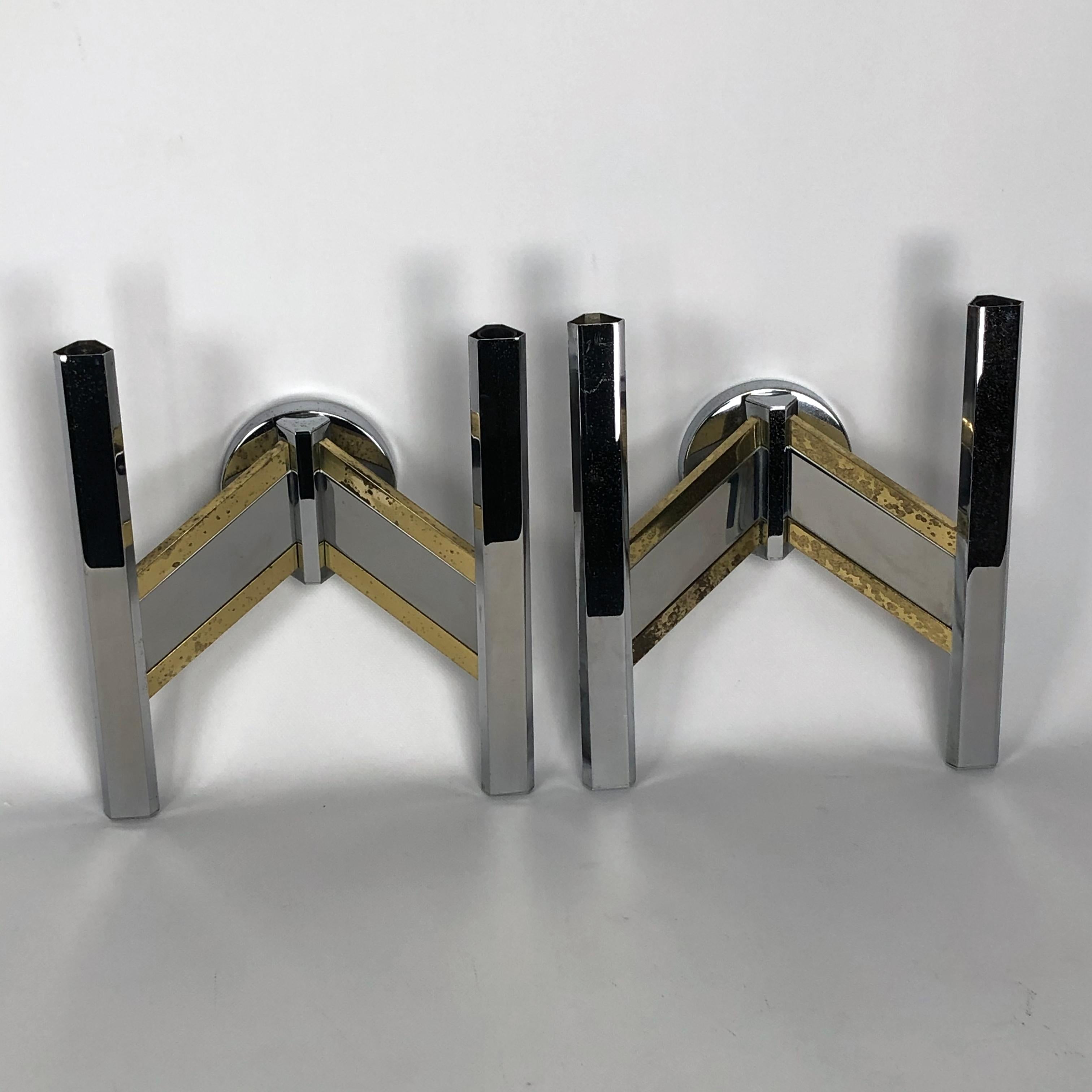 Sciolari, Pair of Large Brass and Chrome Sconces from 70s For Sale 5