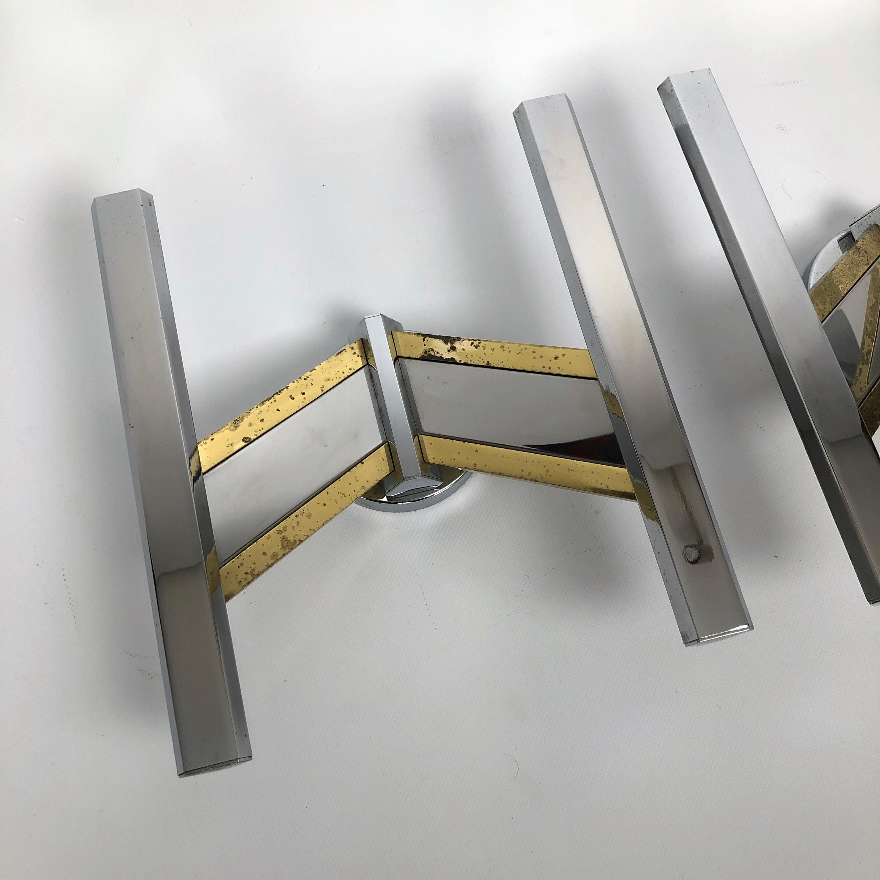Sciolari, Pair of Large Brass and Chrome Sconces from 70s For Sale 11