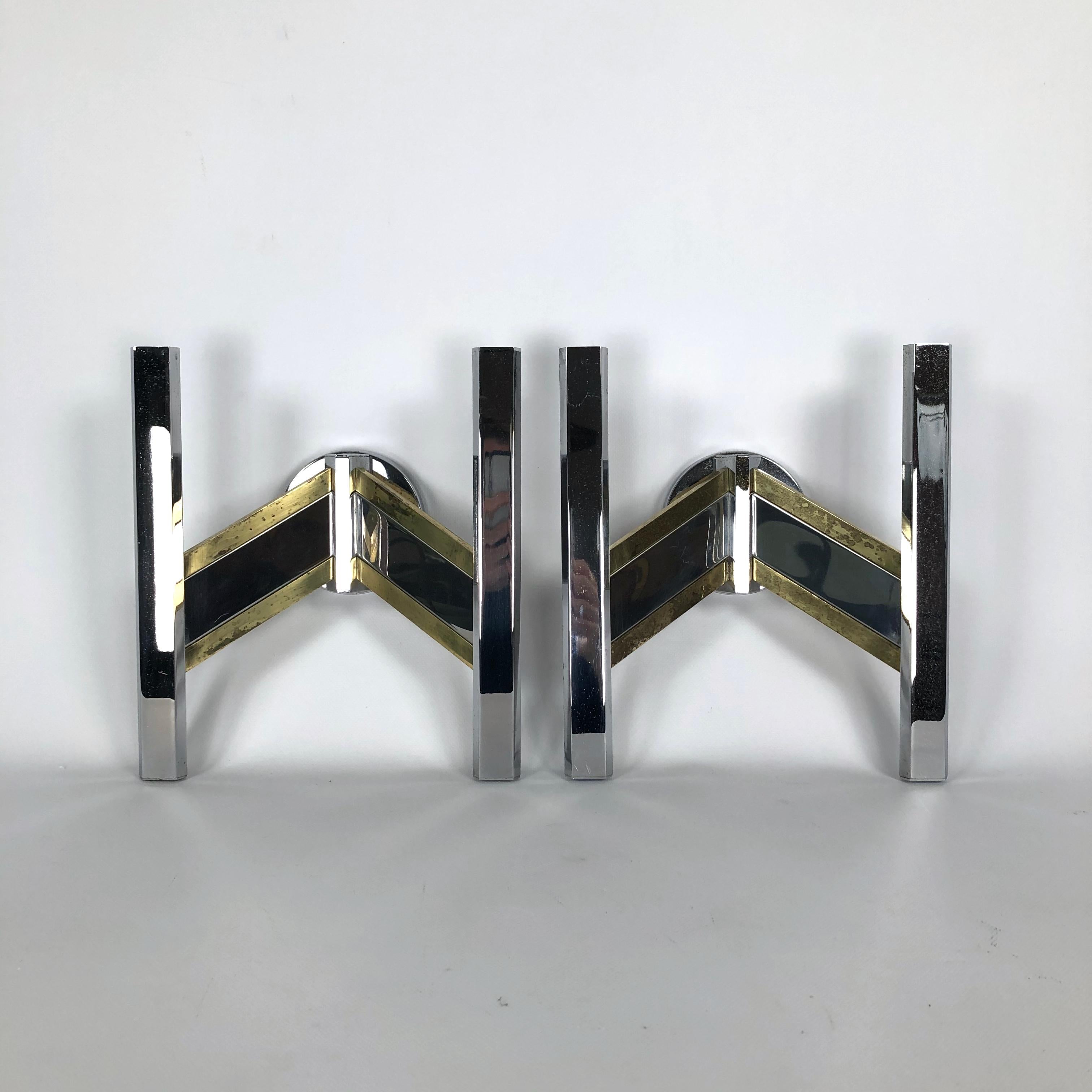 Mid-Century Modern Sciolari, Pair of Large Brass and Chrome Sconces from 70s For Sale