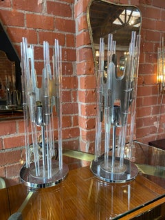 Sciolari Pair of Modern Cylindrical Glass and Chrome Table Lamps, Italy, 1970s