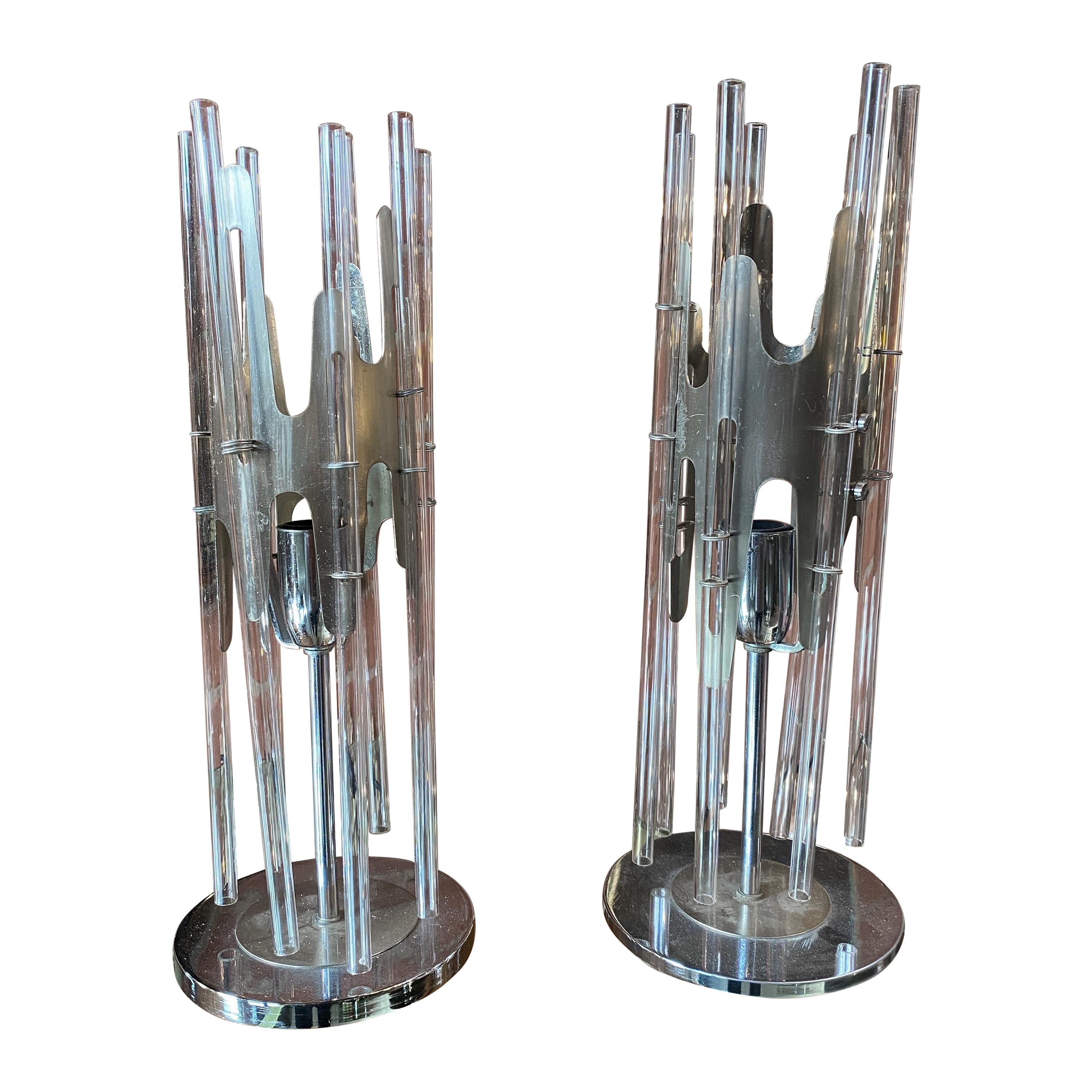 Sciolari Pair of Modern Cylindrical Glass and Chrome Table Lamps, Italy, 1970s