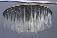 Sciolari Round Brass and Steel Minimal Chandelier Italian Design Crystall, 1960