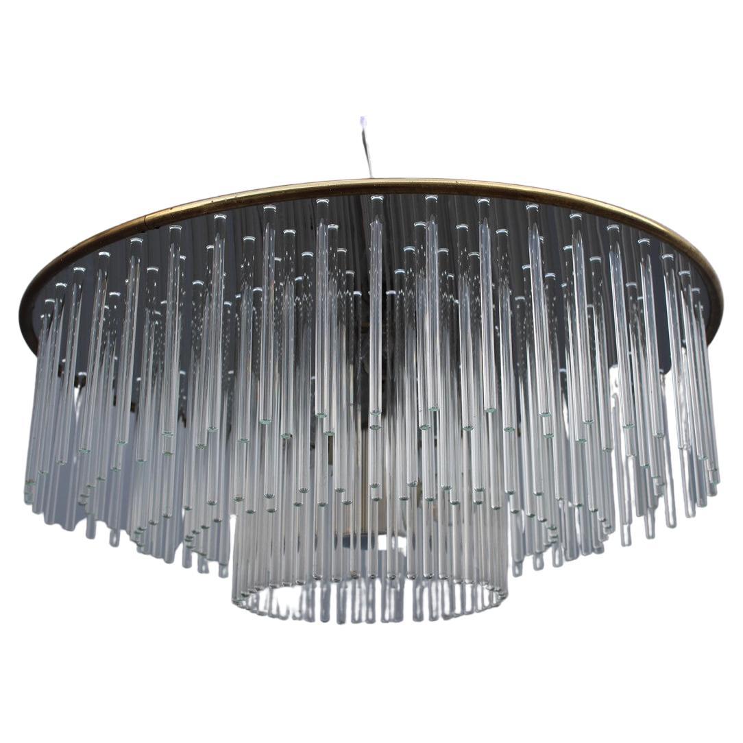 Sciolari Round Brass and Steel Minimal Chandelier Italian Design Crystall, 1960 For Sale