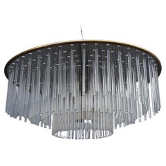 Sciolari Round Brass and Steel Minimal Chandelier Italian Design Crystall, 1960