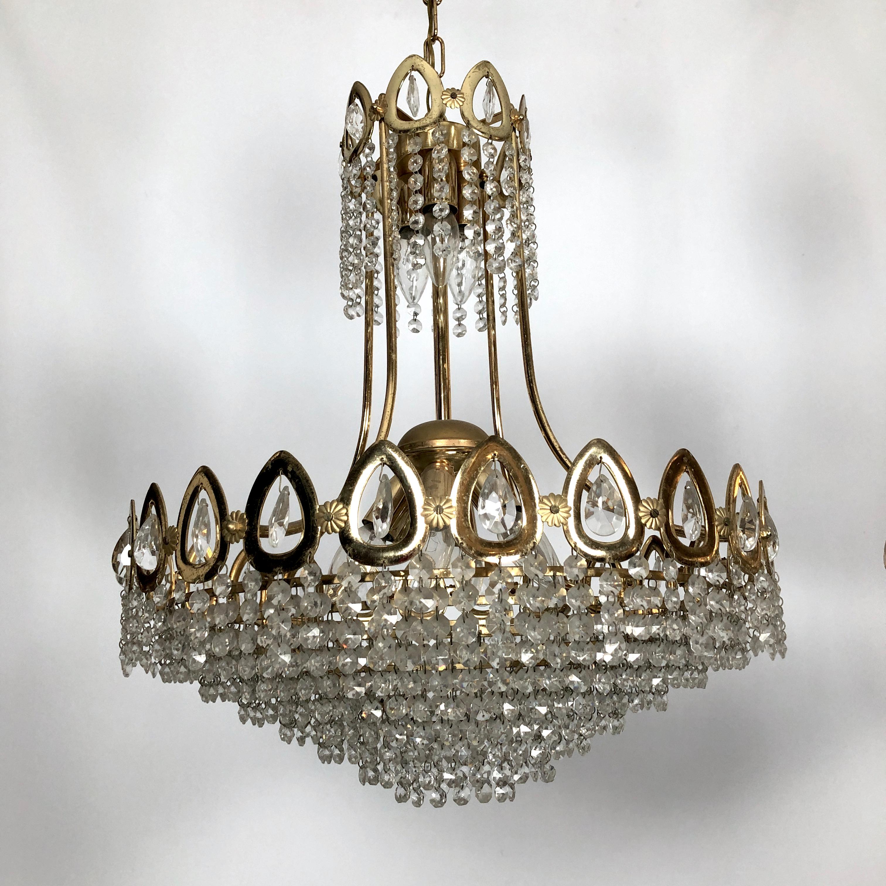 20th Century Sciolari, Set of Two Gild and Crystal Chandeliers from 70s For Sale