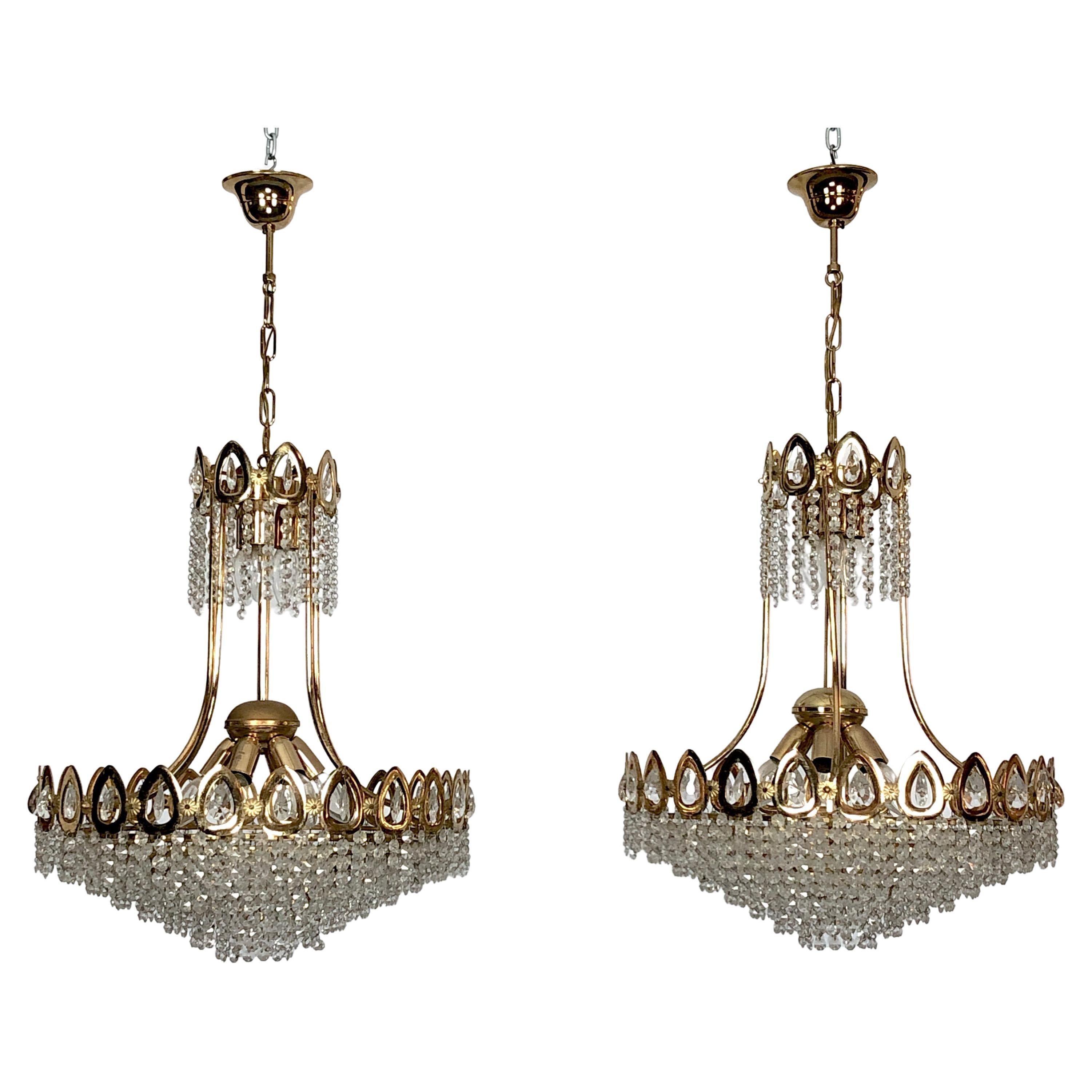 Sciolari, Set of Two Gild and Crystal Chandeliers from 70s For Sale