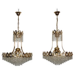 Sciolari, Set of Two Gild and Crystal Chandeliers from 70s
