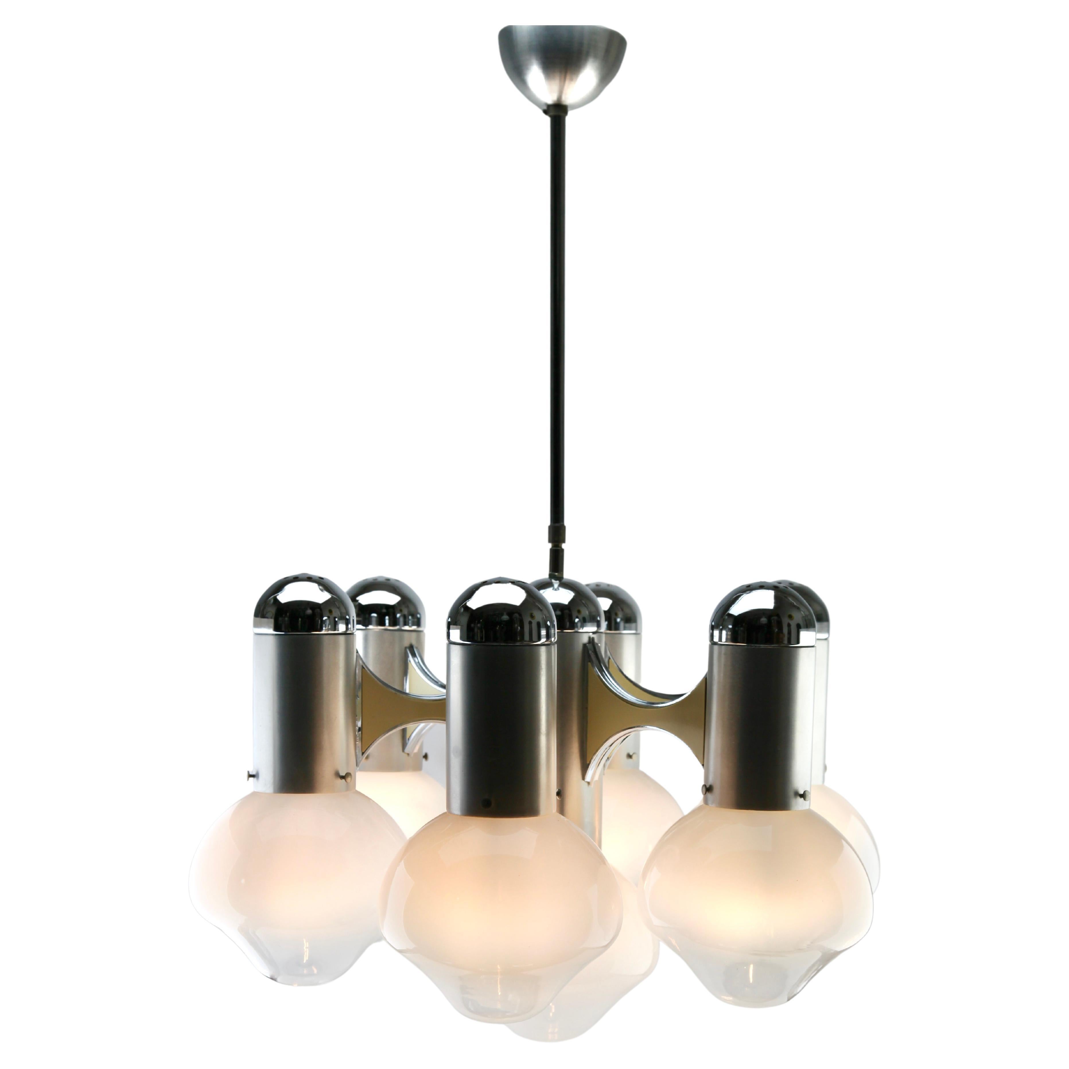 Sciolari Six-Arms Chrome and Seven Opaline Glass Globes Chandelier