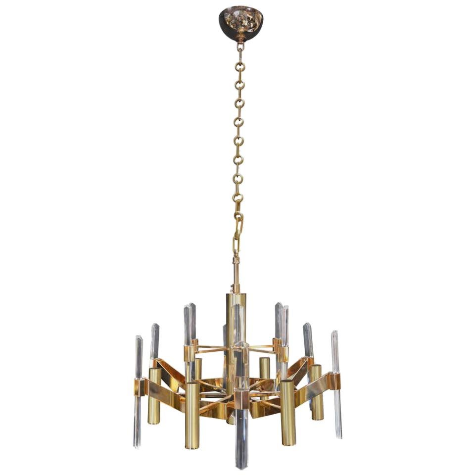 Sciolari Six-Light Gold-Plated Brass and Crystal Glass Chandelier For Sale