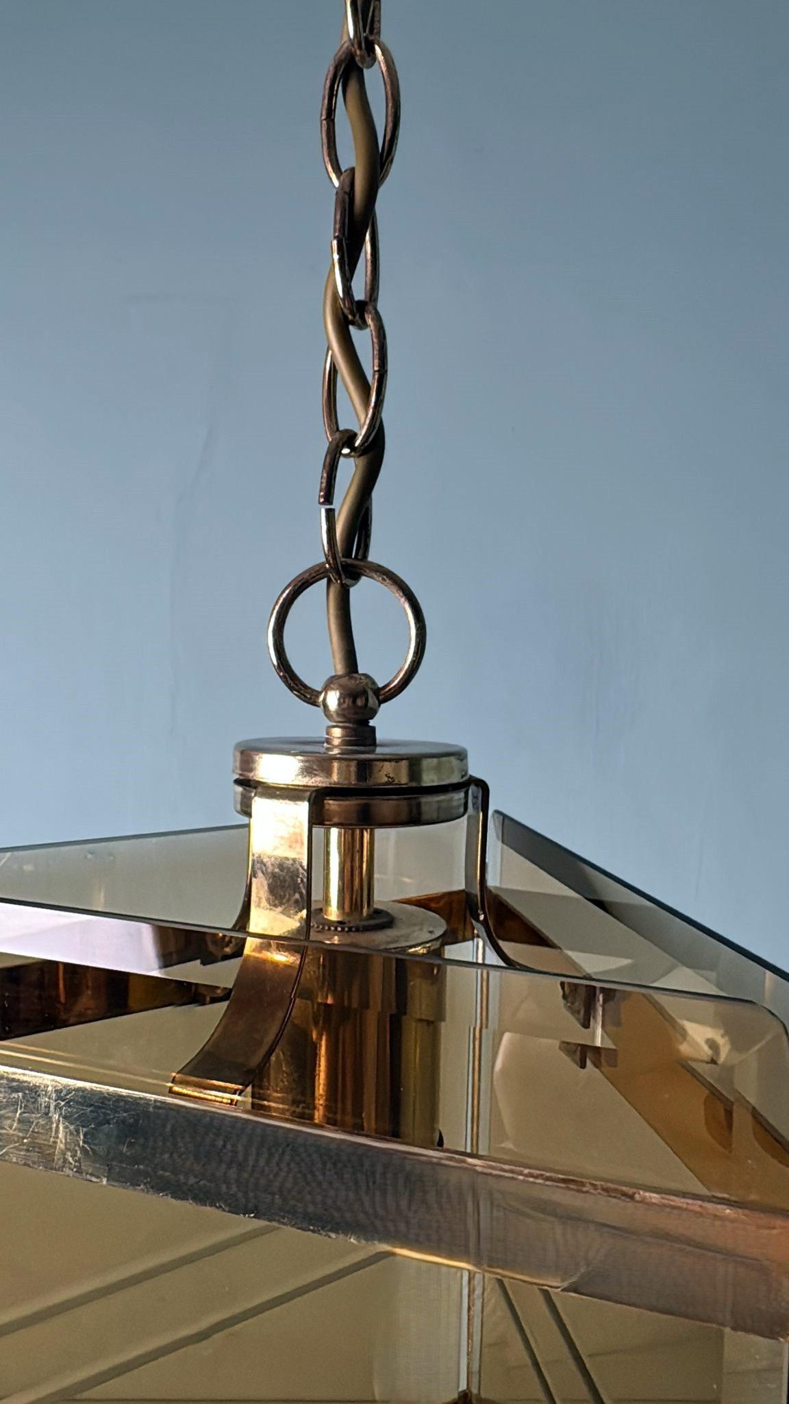 Sciolari Stile Italian modernist brass chandelier with smoked ground glass For Sale 7