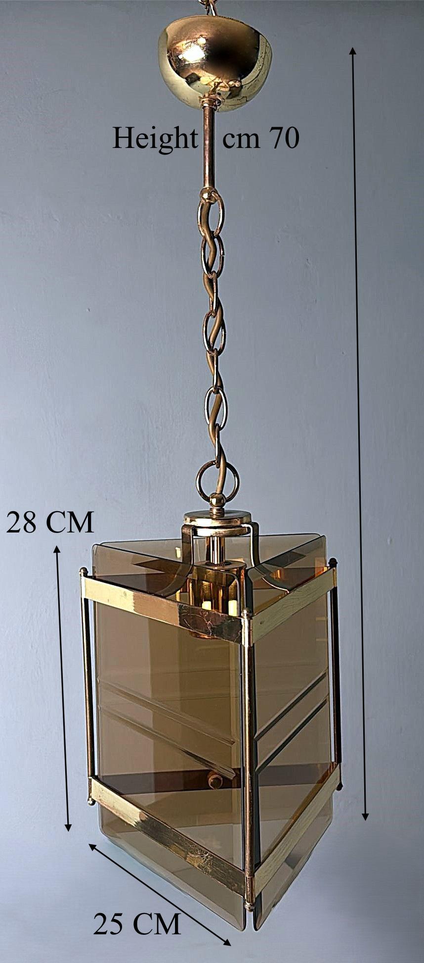 Sciolari Stile Italian modernist brass chandelier with smoked ground glass For Sale 13