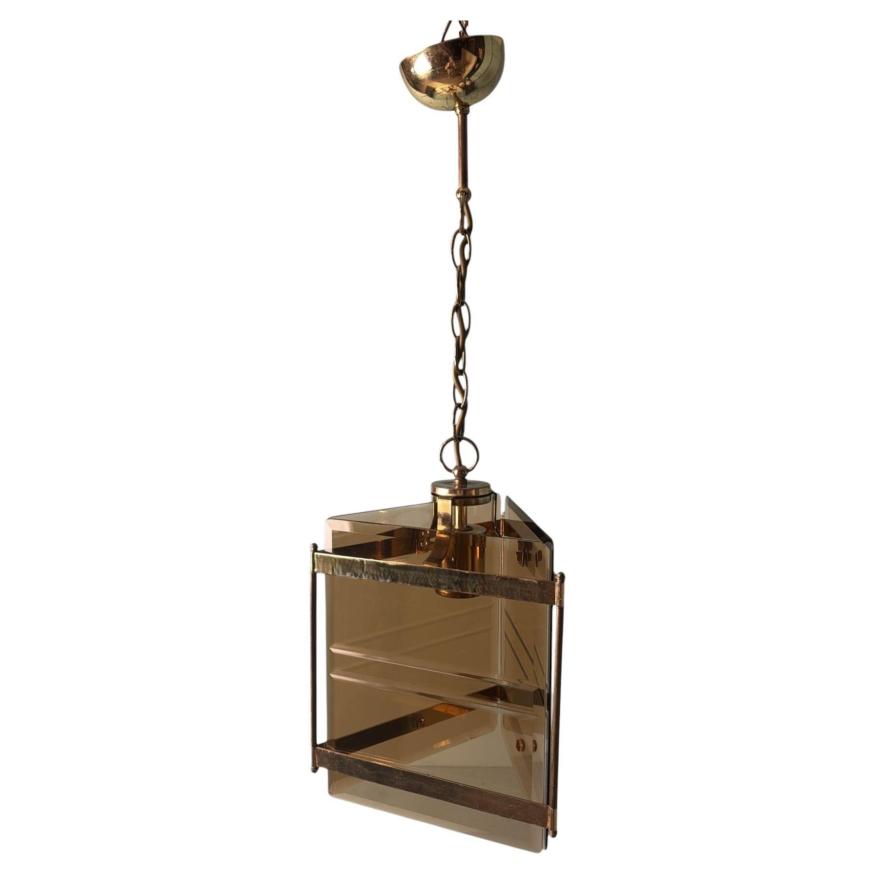 Sciolari Stile Italian modernist brass chandelier with smoked ground glass For Sale