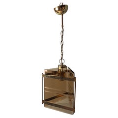 Sciolari Stile Italian modernist brass chandelier with smoked ground glass