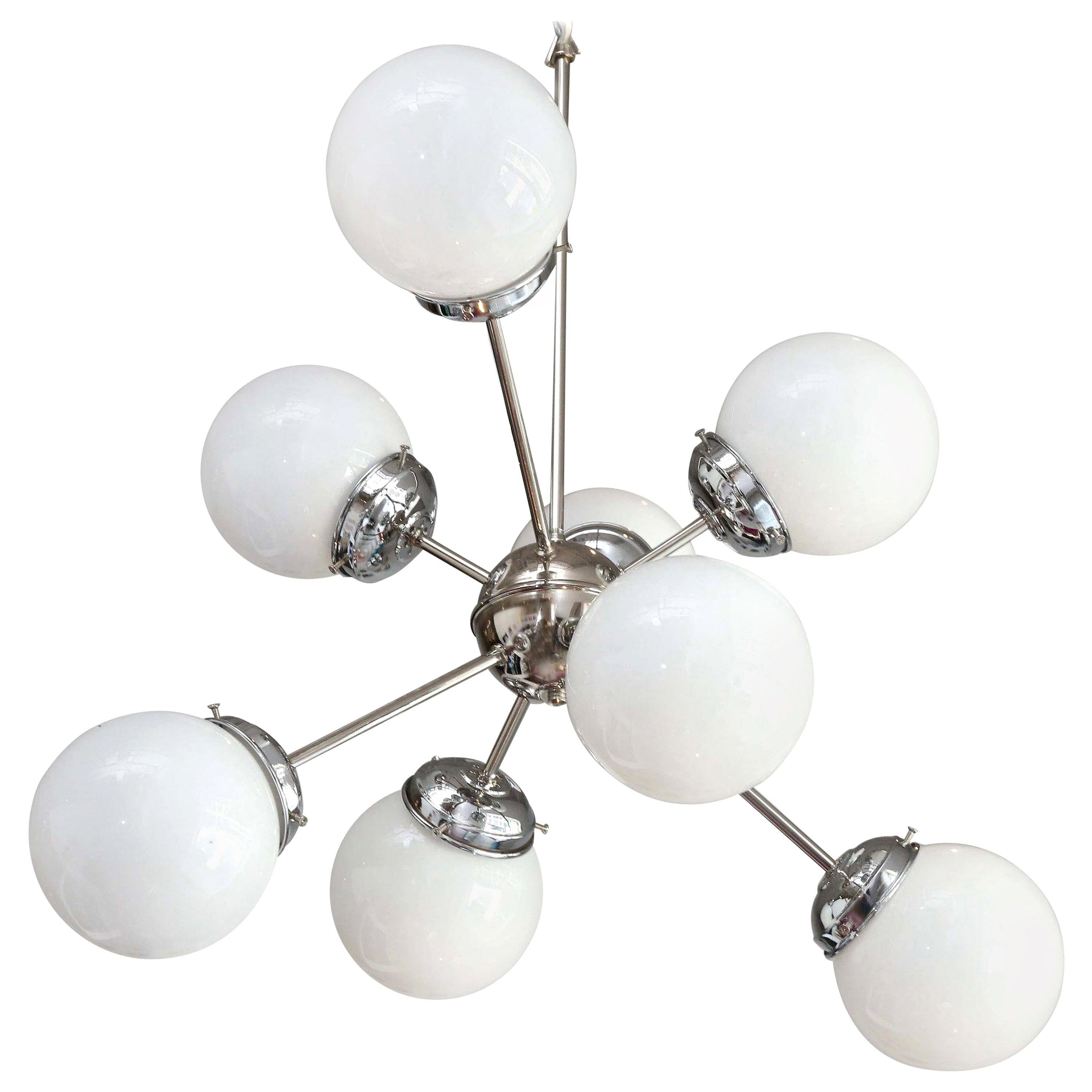 Sciolari Style 8-Arm Torchère White Globe and Chrome Plate Sputnik Chandelier For Sale