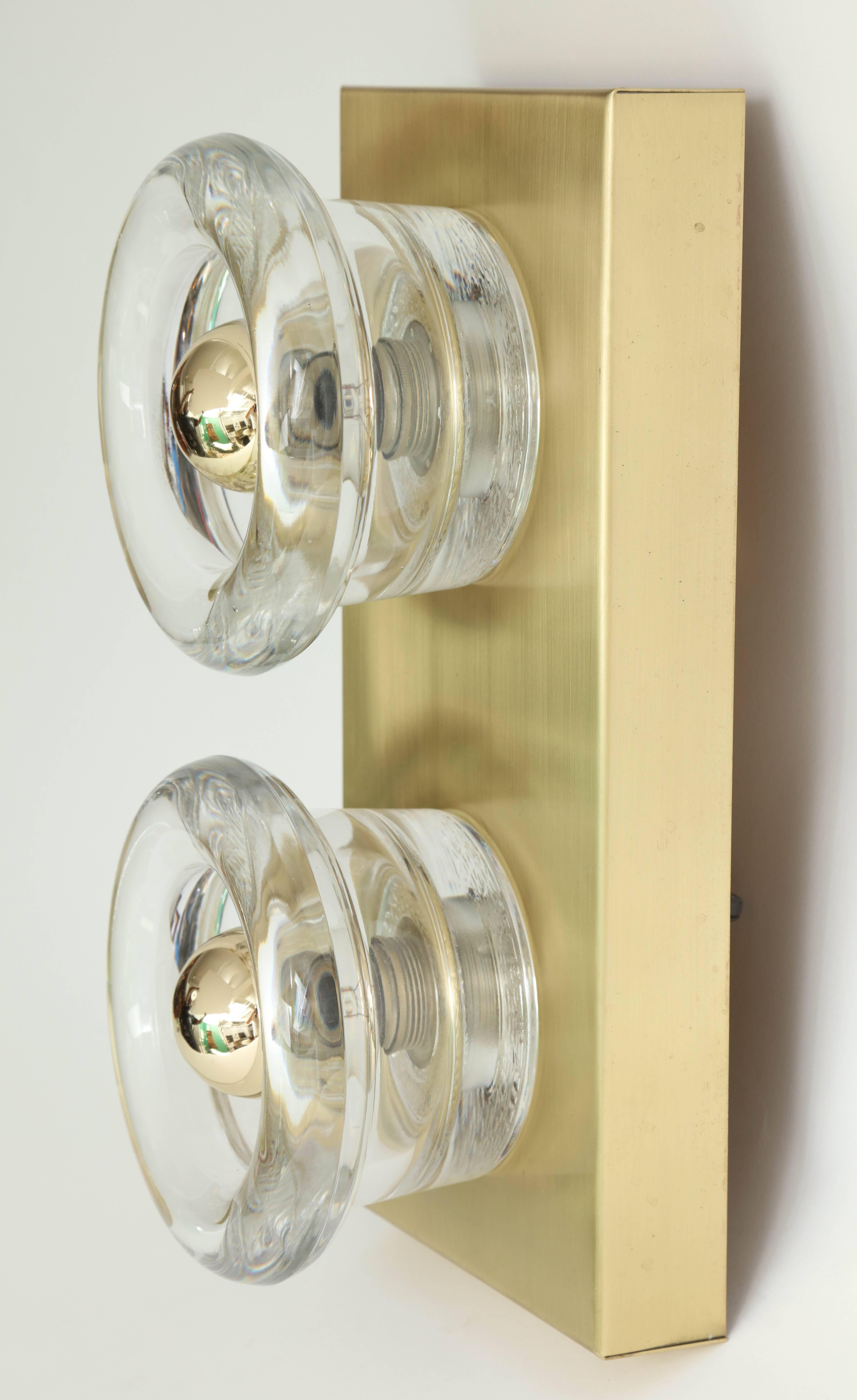 Brushed Sciolari Style Brass and Glass Sconces by Cosack
