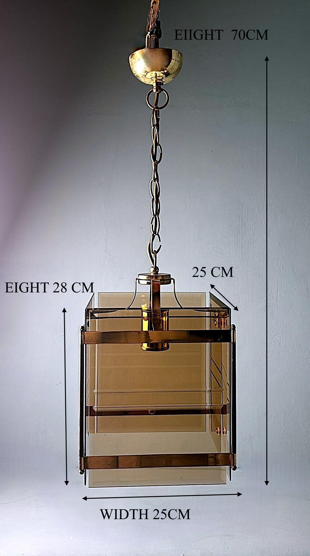 Sciolari Style Italian Modernist Brass Chandelier With Beveled Smoked Glass For Sale 15