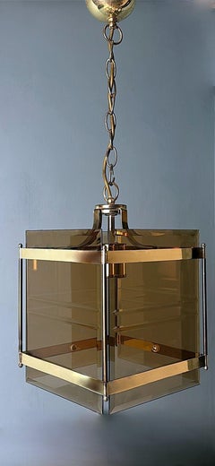Sciolari Style Italian Modernist Brass Chandelier With Beveled Smoked Glass