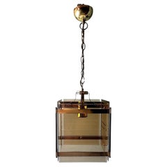 Vintage Sciolari Style Italian Modernist Brass Chandelier With Beveled Smoked Glass