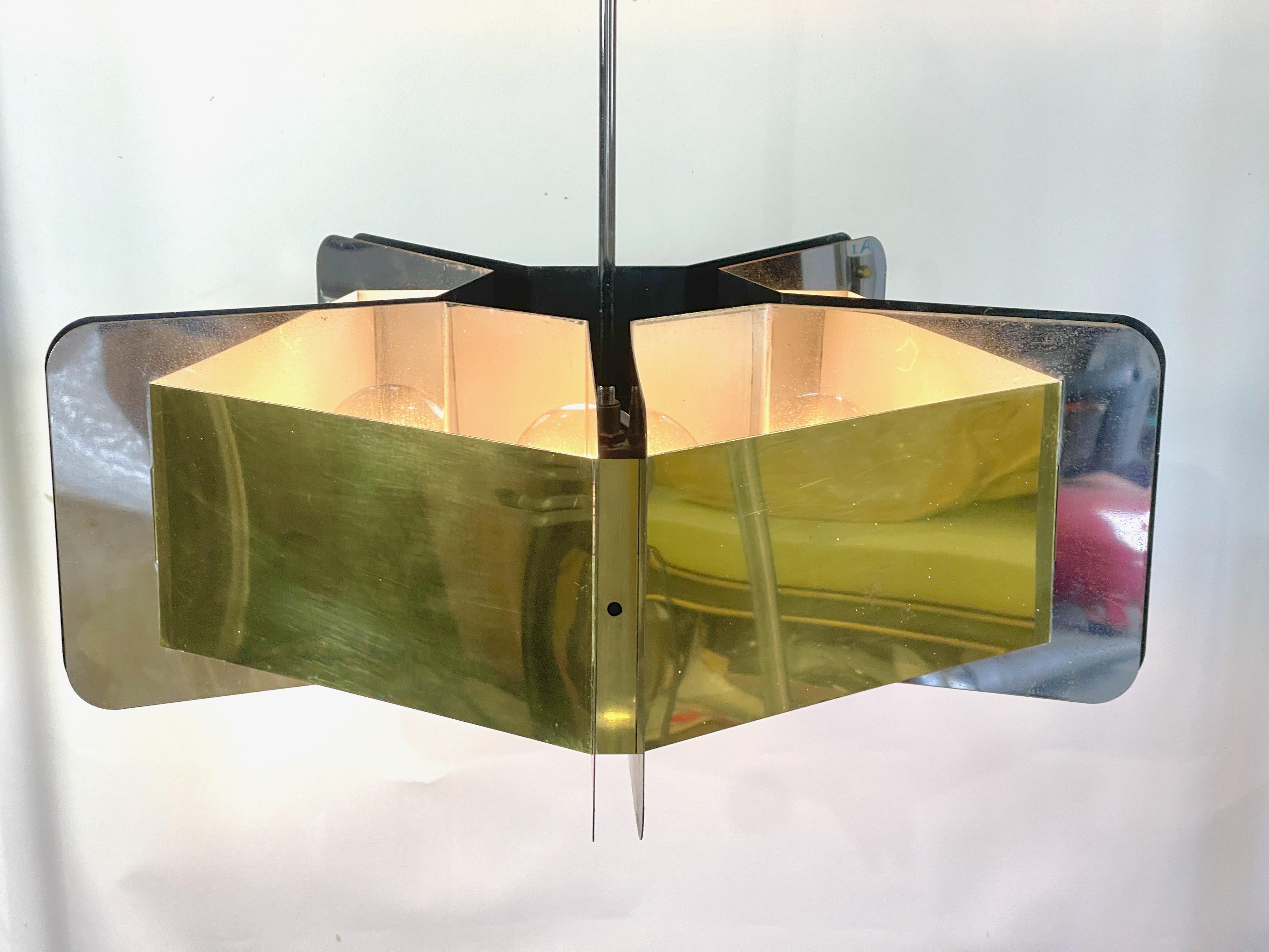 Mid-Century Modern Sciolari Style Pentagonal Brass & Chrome Chandelier For Sale