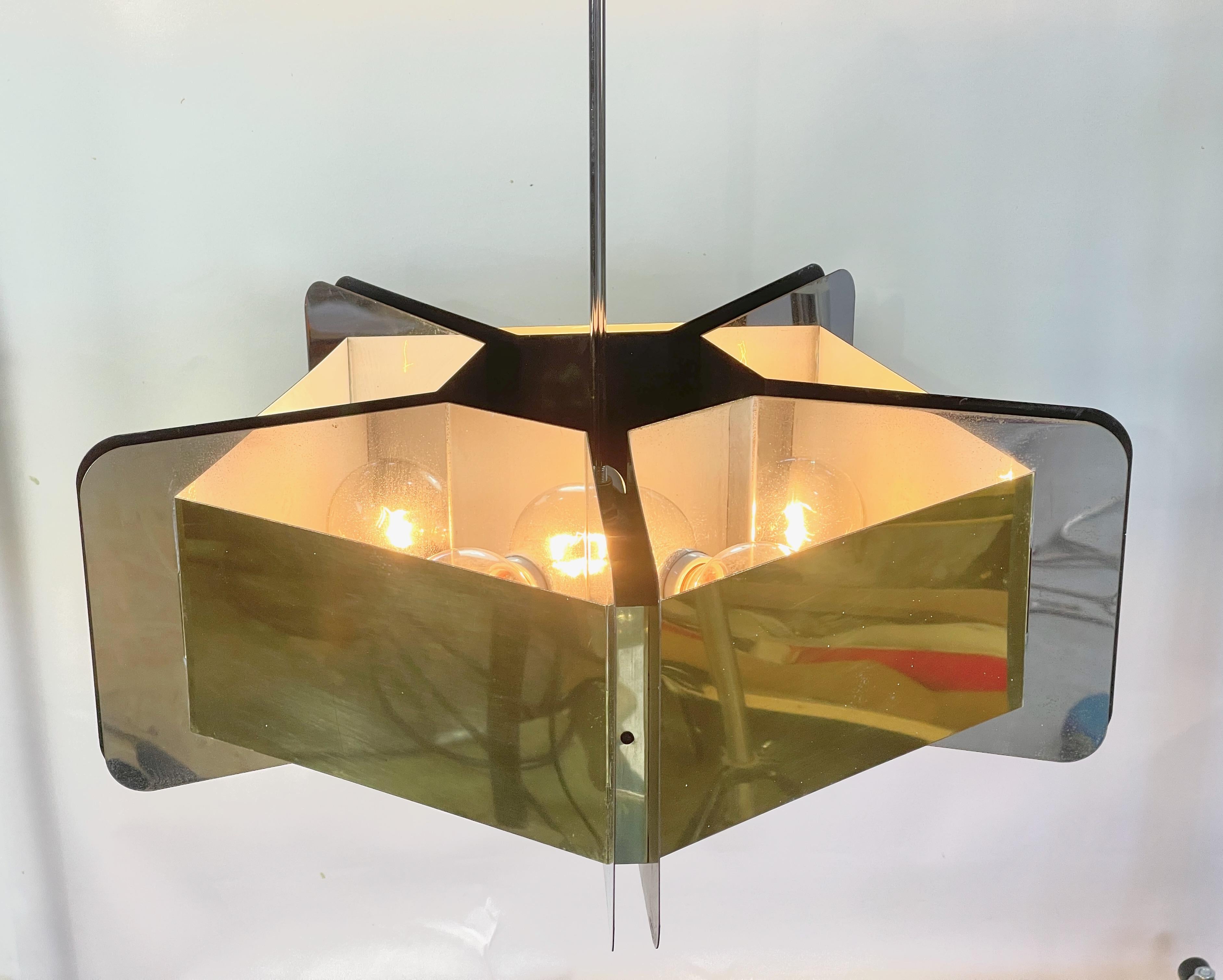 American Sciolari Style Pentagonal Brass & Chrome Chandelier For Sale