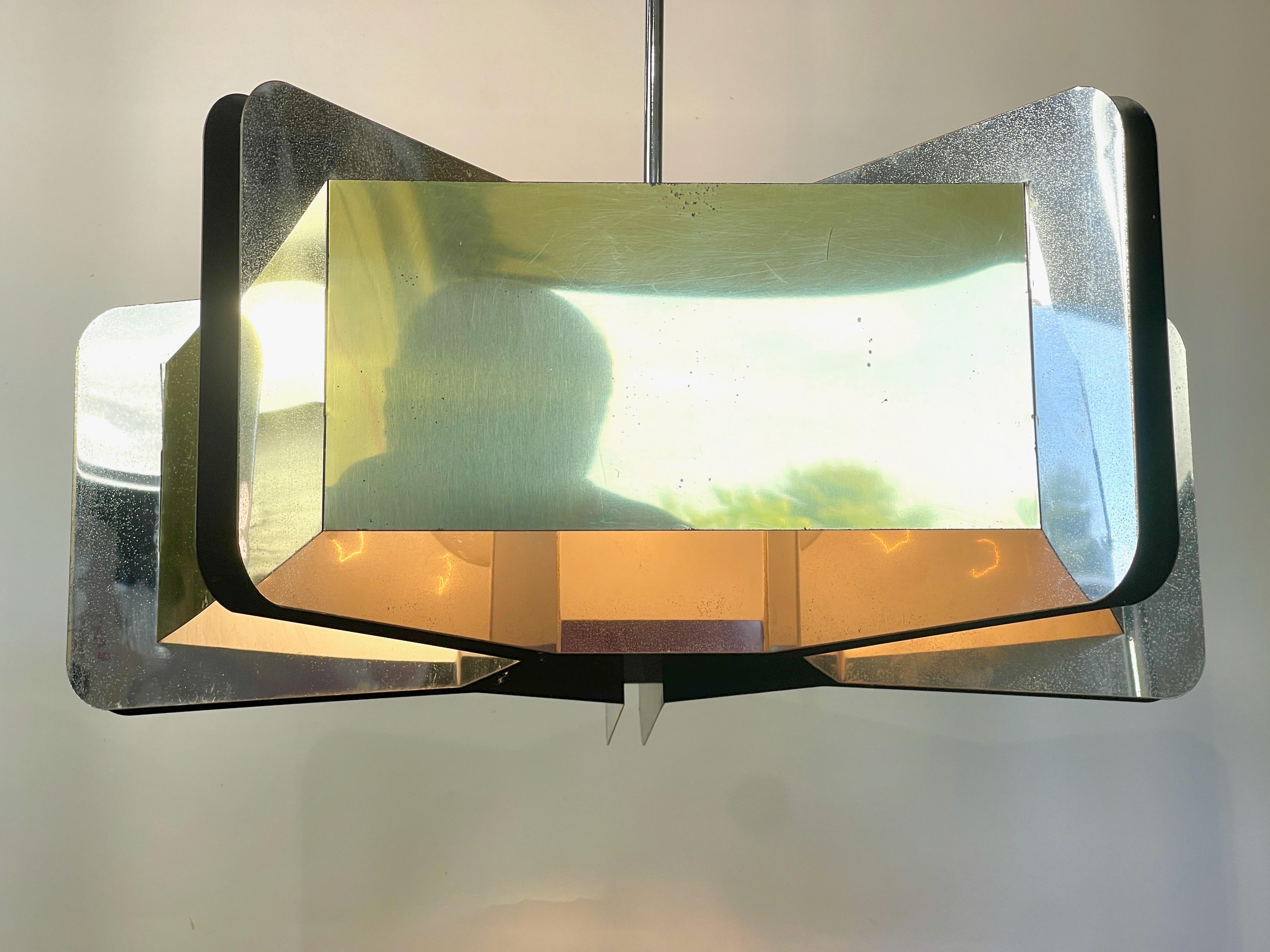 Polished Sciolari Style Pentagonal Brass & Chrome Chandelier For Sale