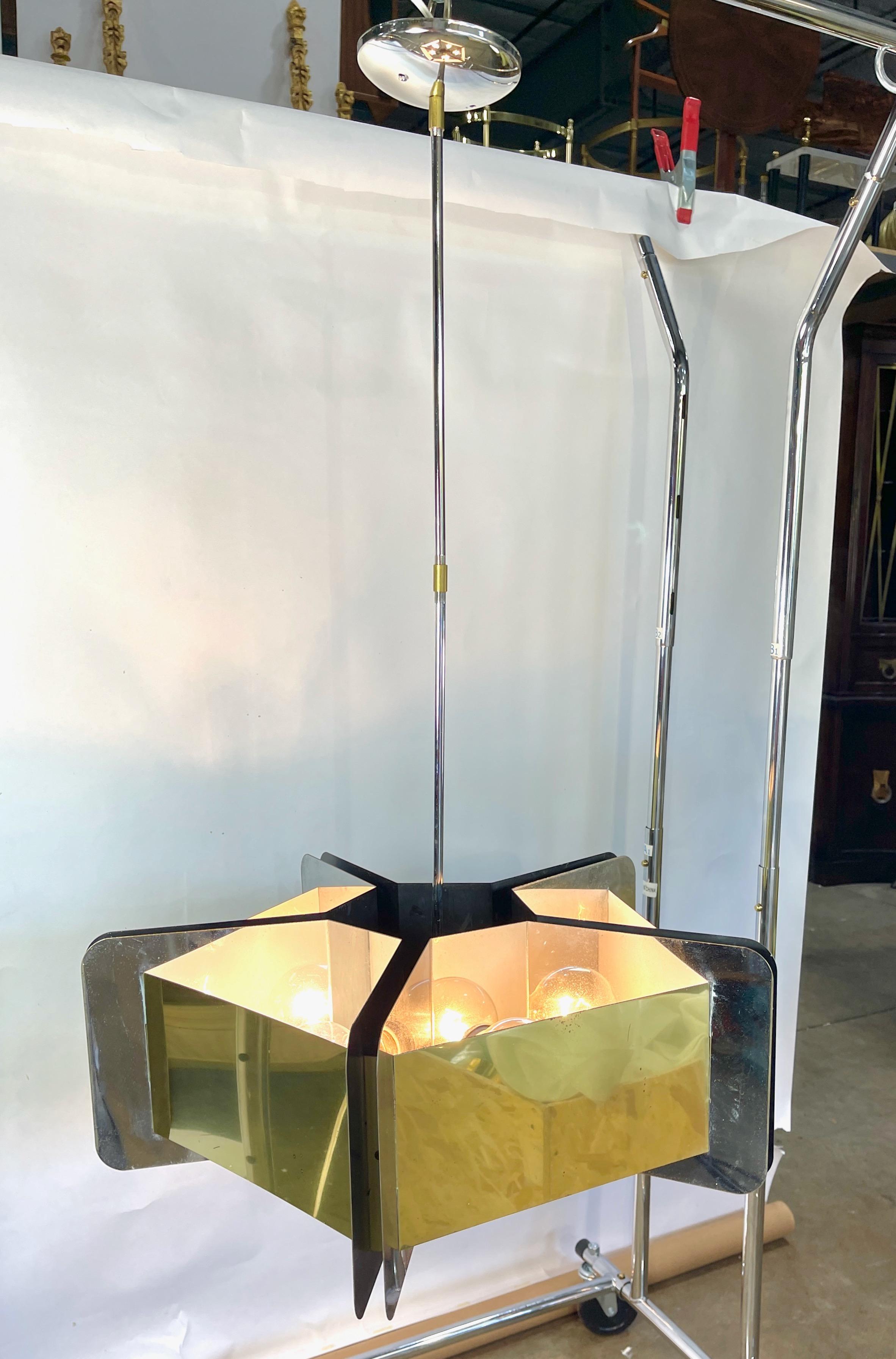 Late 20th Century Sciolari Style Pentagonal Brass & Chrome Chandelier For Sale