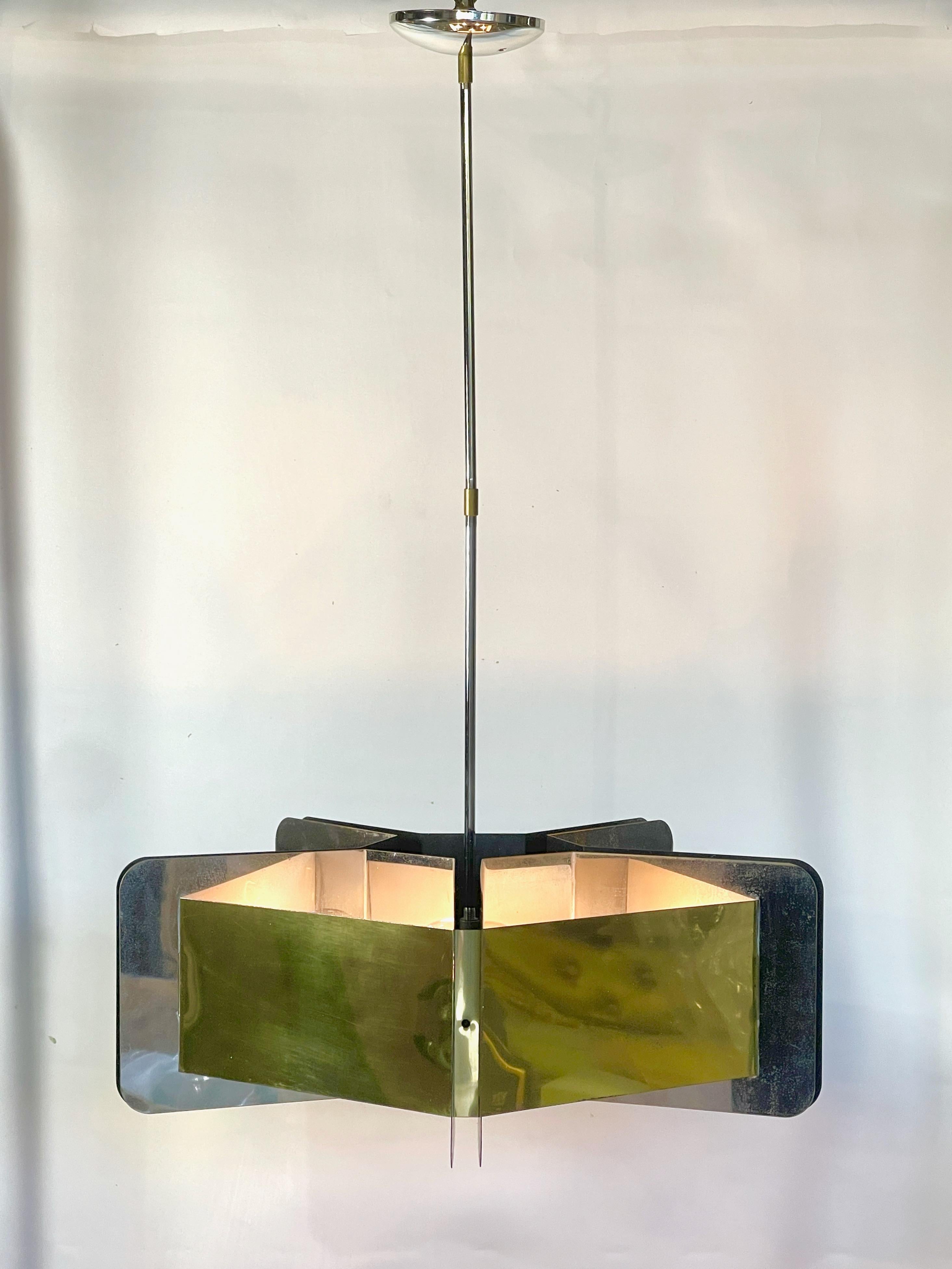 Sciolari Style Pentagonal Brass & Chrome Chandelier For Sale 2