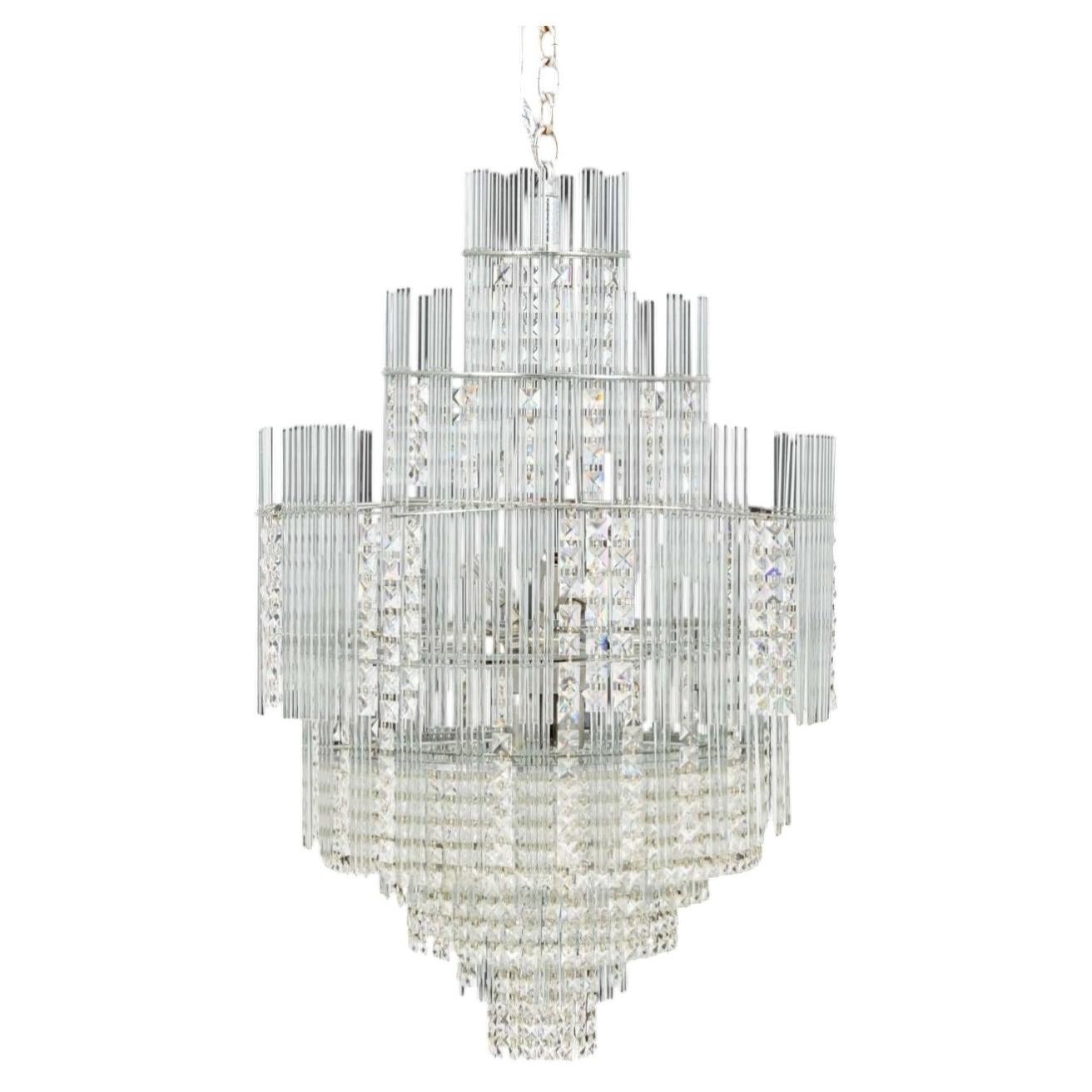 Sciolari Multi-Tiered Crystal and Chrome Chandelier, Italy For Sale
