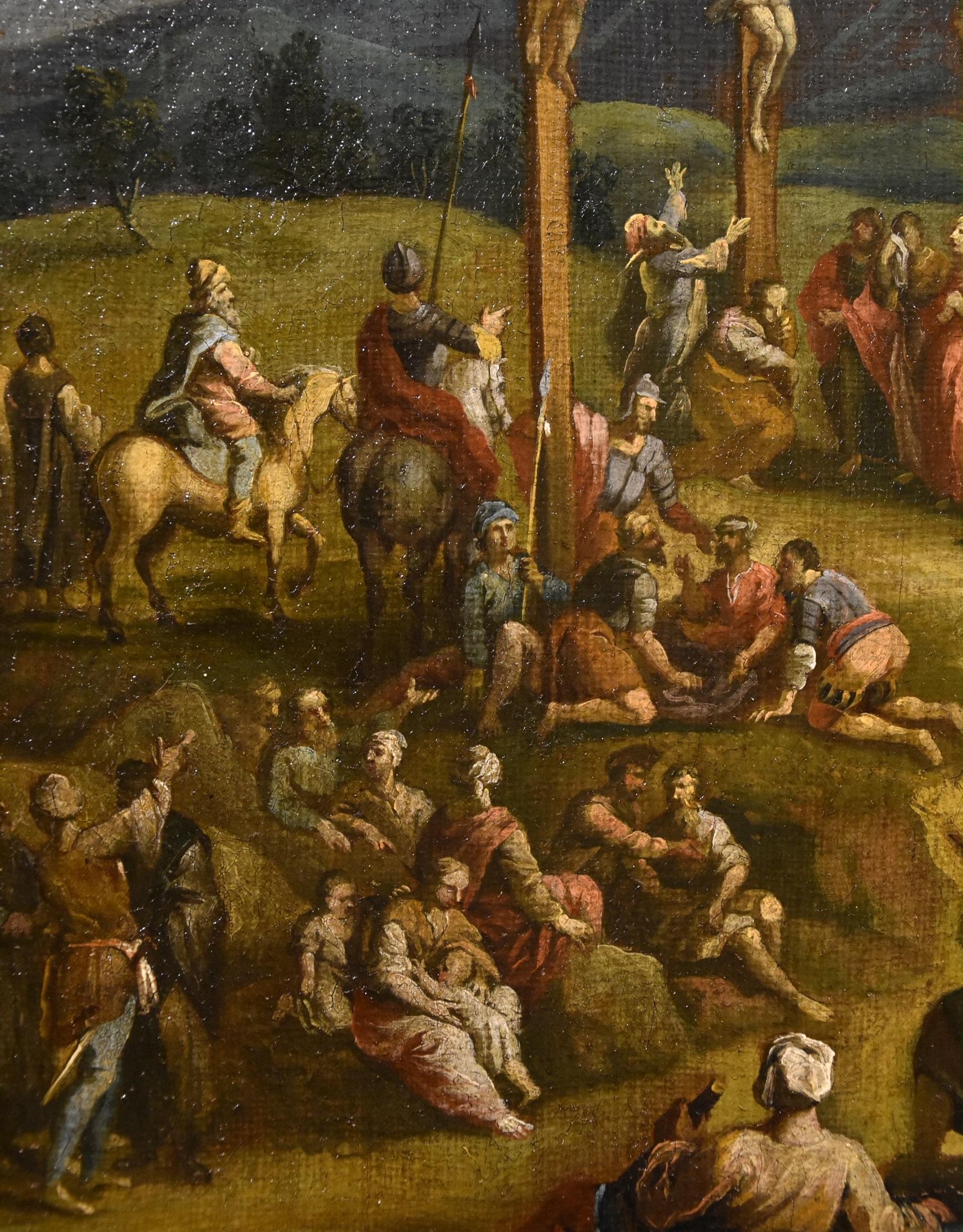 Peinture à l'huile sur toile - Paysage de crucifixion - Christ - Ancien maître - 17ème siècle  en vente 9