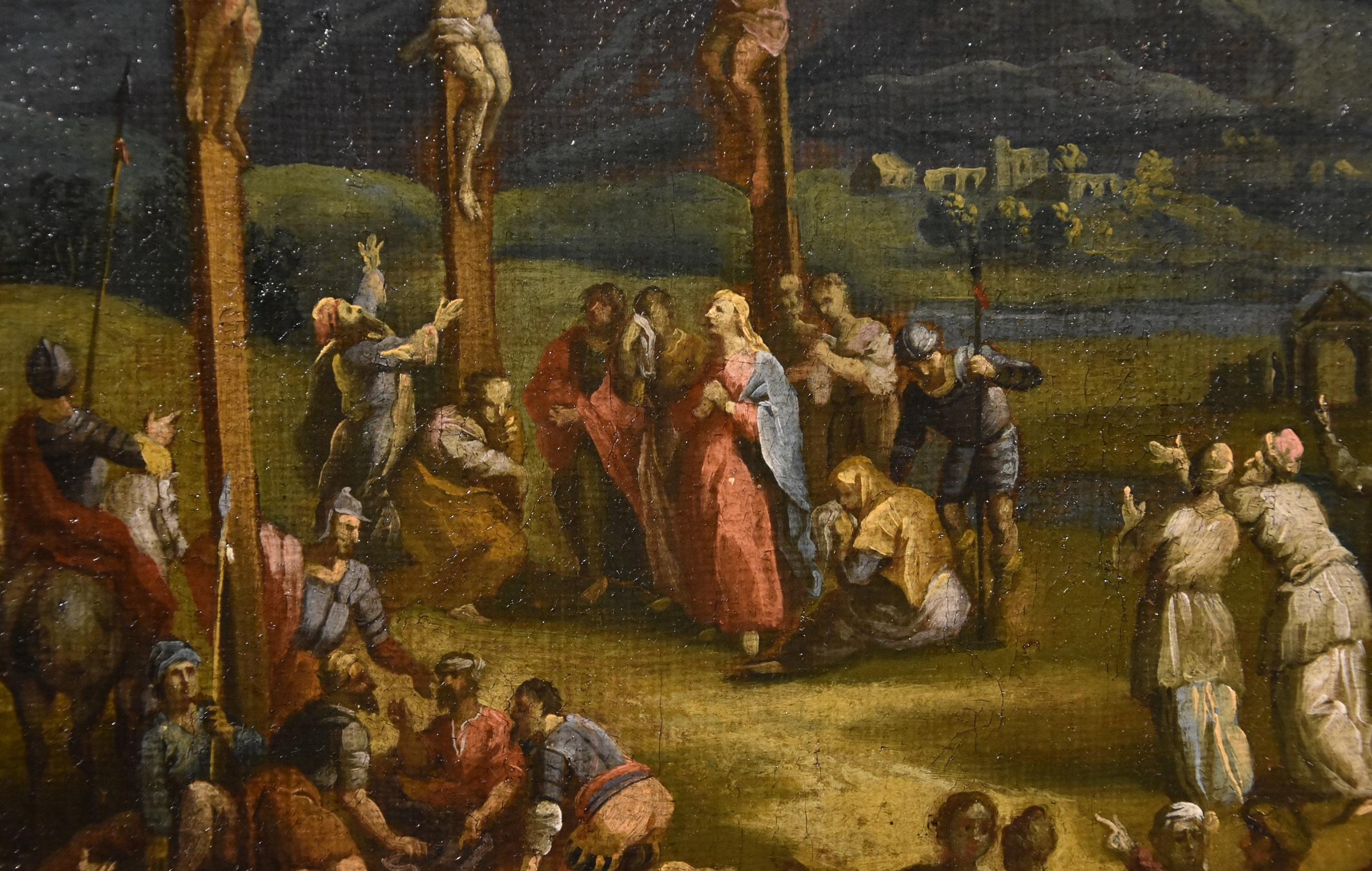 Peinture à l'huile sur toile - Paysage de crucifixion - Christ - Ancien maître - 17ème siècle  en vente 10