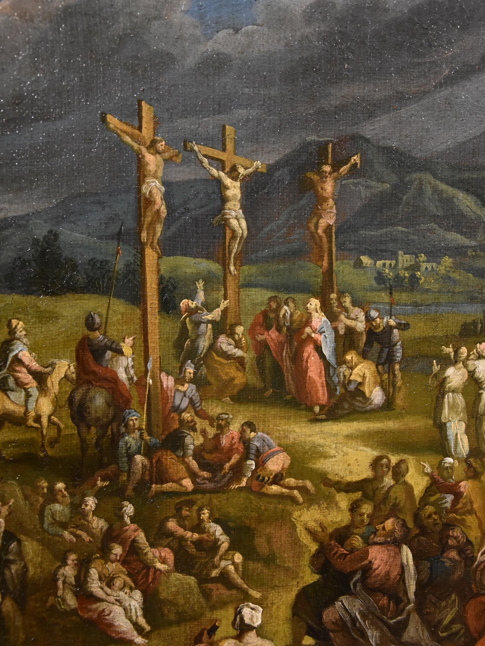 Peinture à l'huile sur toile - Paysage de crucifixion - Christ - Ancien maître - 17ème siècle  en vente 11