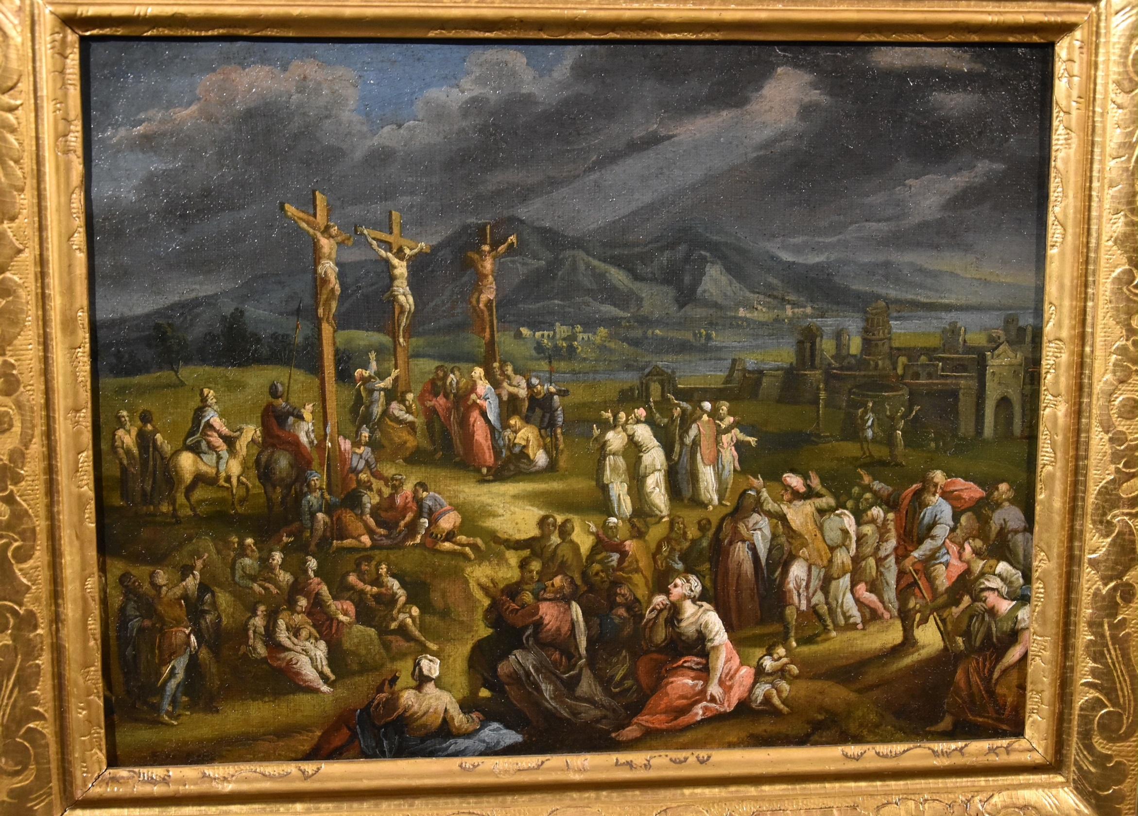 Peinture à l'huile sur toile - Paysage de crucifixion - Christ - Ancien maître - 17ème siècle  - Maîtres anciens Painting par Scipione Compagni, or Compagno (Naples, about 1624 - after 1680)