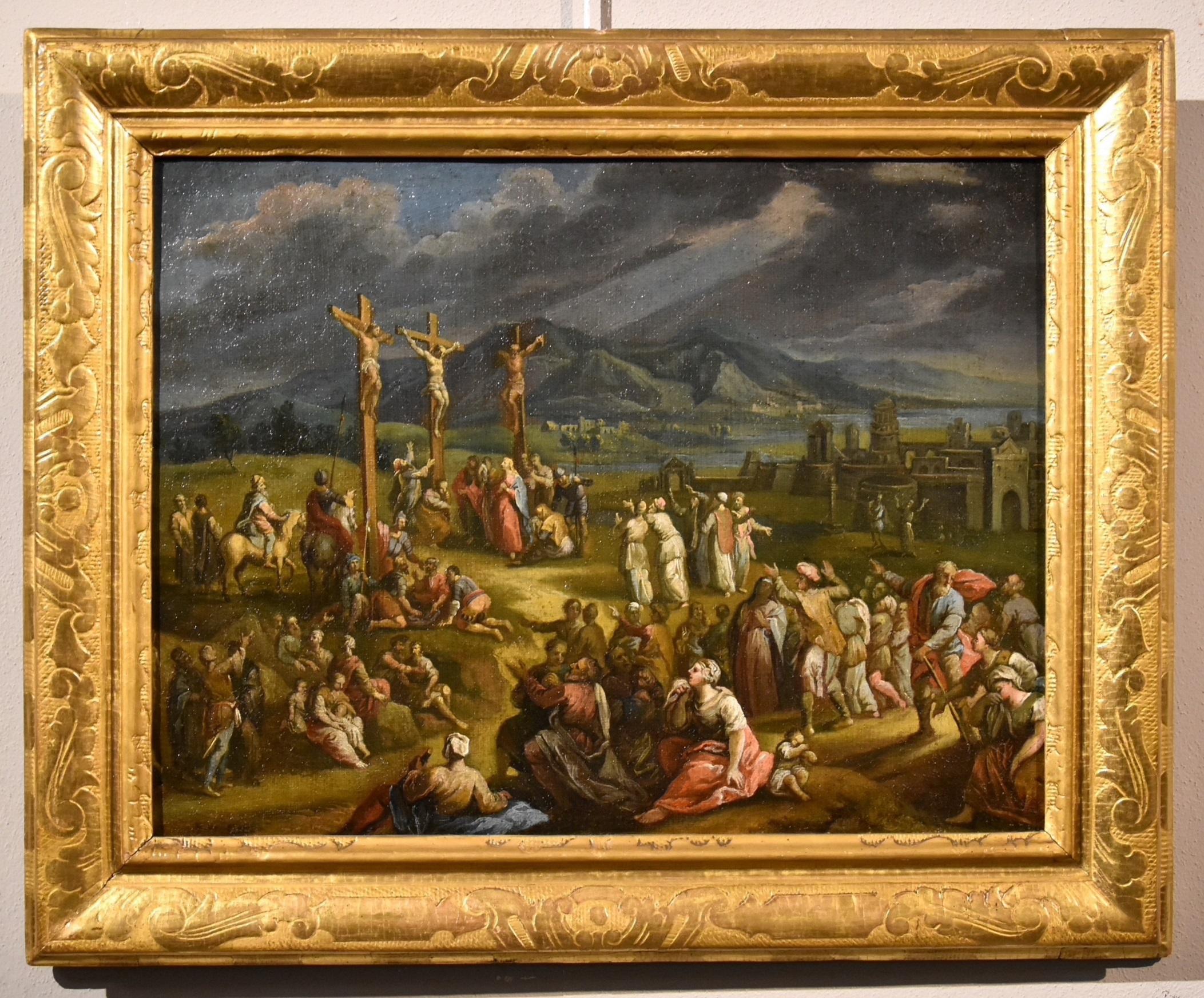 Landscape Crucifixion Christ Paint Oil on canvas Old master 17th Century  - Painting by Scipione Compagni, or Compagno (Naples, about 1624 - after 1680)