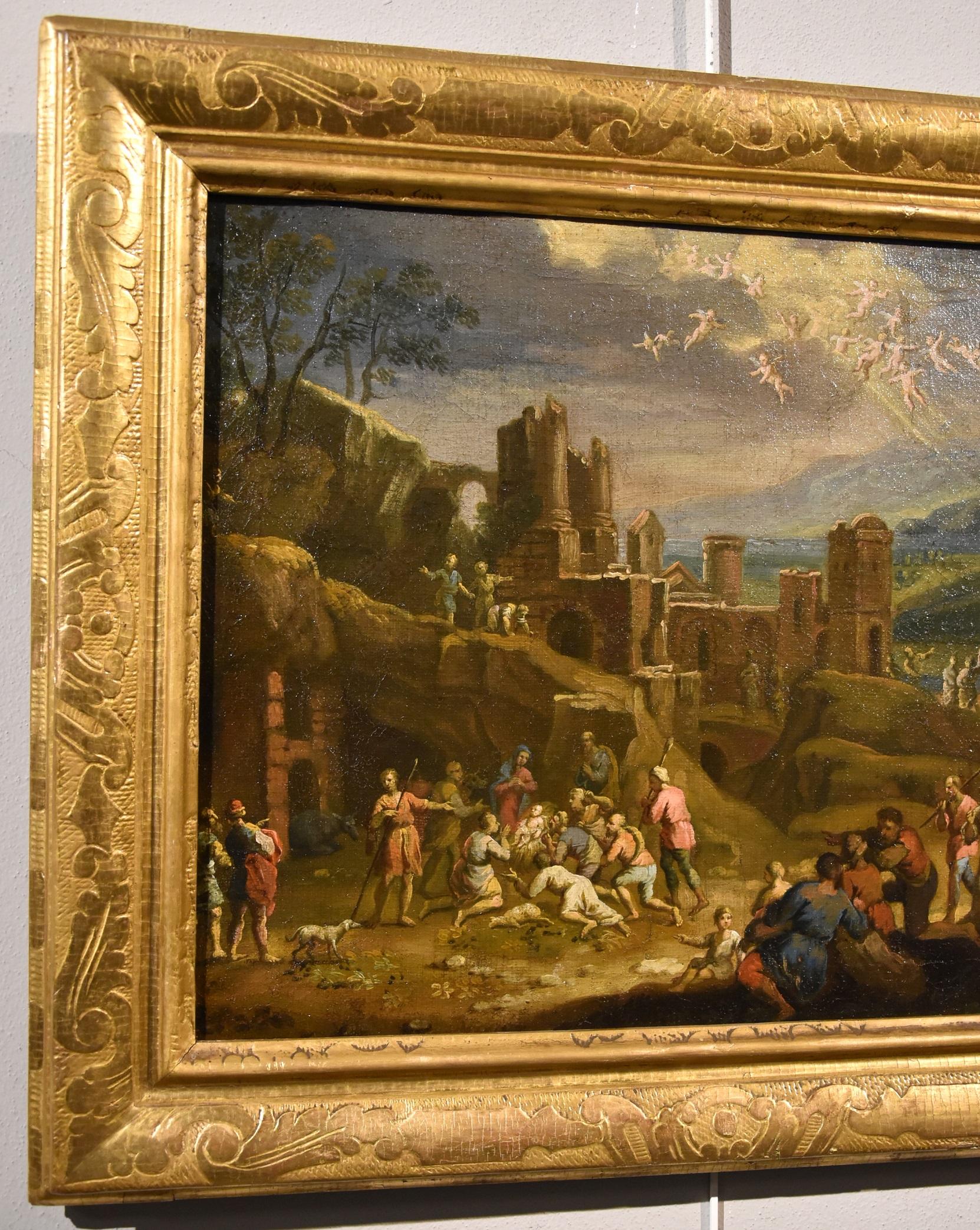 Landscape Nativity Religious Paint Oil on canvas Old master 17th Century Italian - Painting by Scipione Compagni, or Compagno (Naples, about 1624 - after 1680)