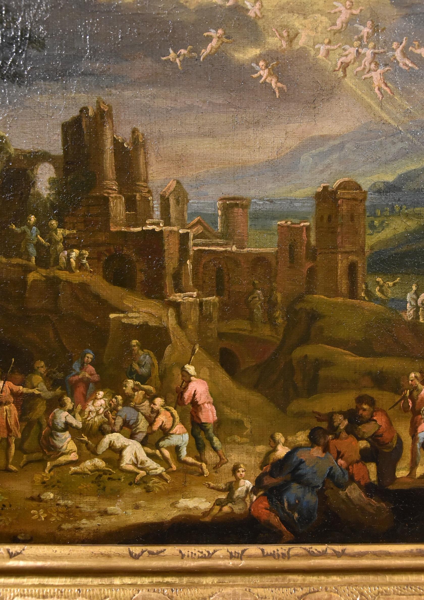 Scipione Compagni, ou Compagno (Naples, environ 1624 - après 1680)
Paysage fantastique avec la Nativité du Christ et l'apparition de l'ange aux bergers

Peinture à l'huile sur toile
cm. 47 x 62
avec cadre antique cm. 63 x 78 cm.

Nous présentons