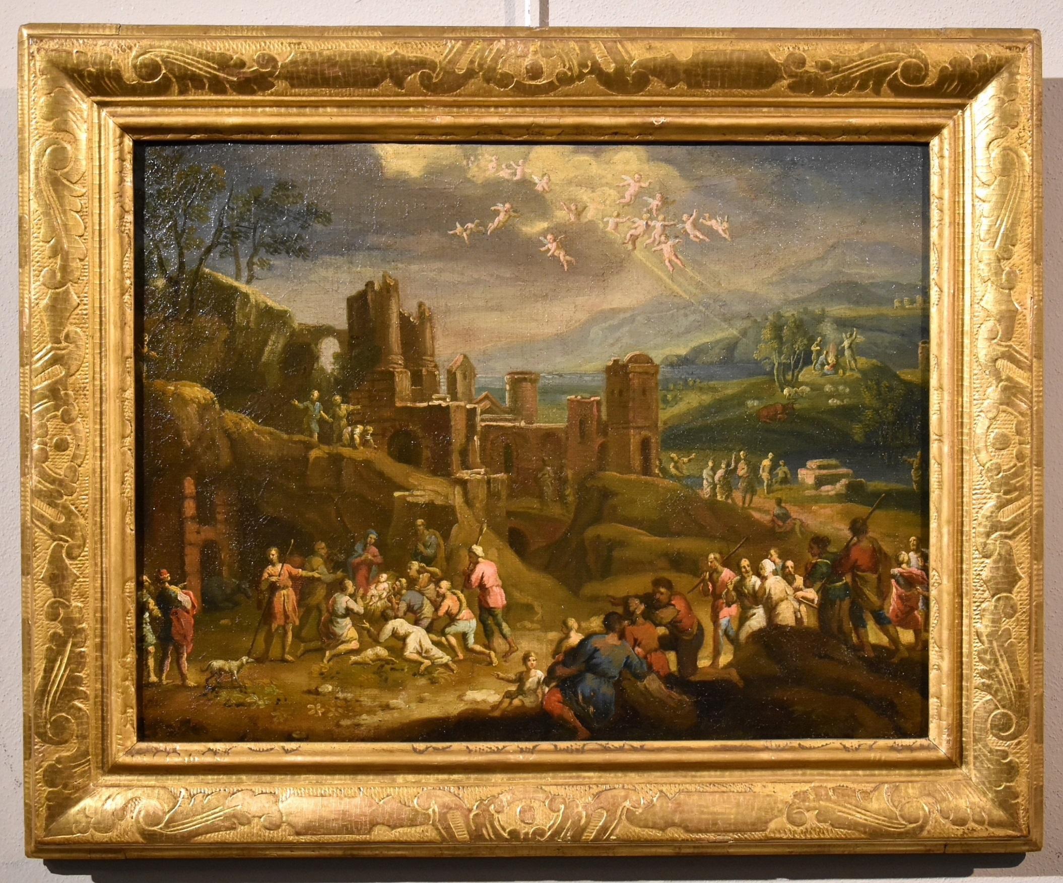 Landscape Painting di Scipione Compagni, or Compagno (Naples, about 1624 - after 1680) - Paesaggio Presepe Religioso Dipinto Olio su tela Vecchio maestro 17° secolo Italiano