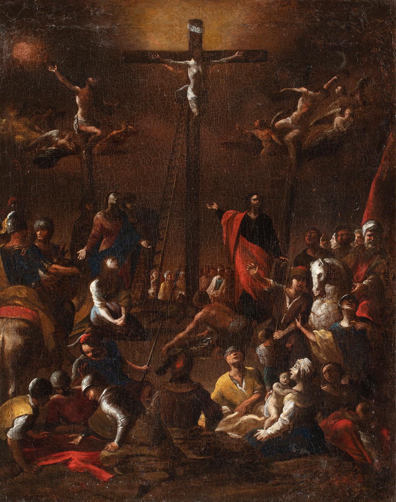 Scipione Compagno (active in Naples in XVII century)
Crucifixion 
Oil on canvas, cm. 64 x 52,5 - with frame cm. 80 x 67
Antique wooden cassetta frame carved, sculpted and gilded by Mecca technique  

Expertise: Nicola Spinosa 
Publications: