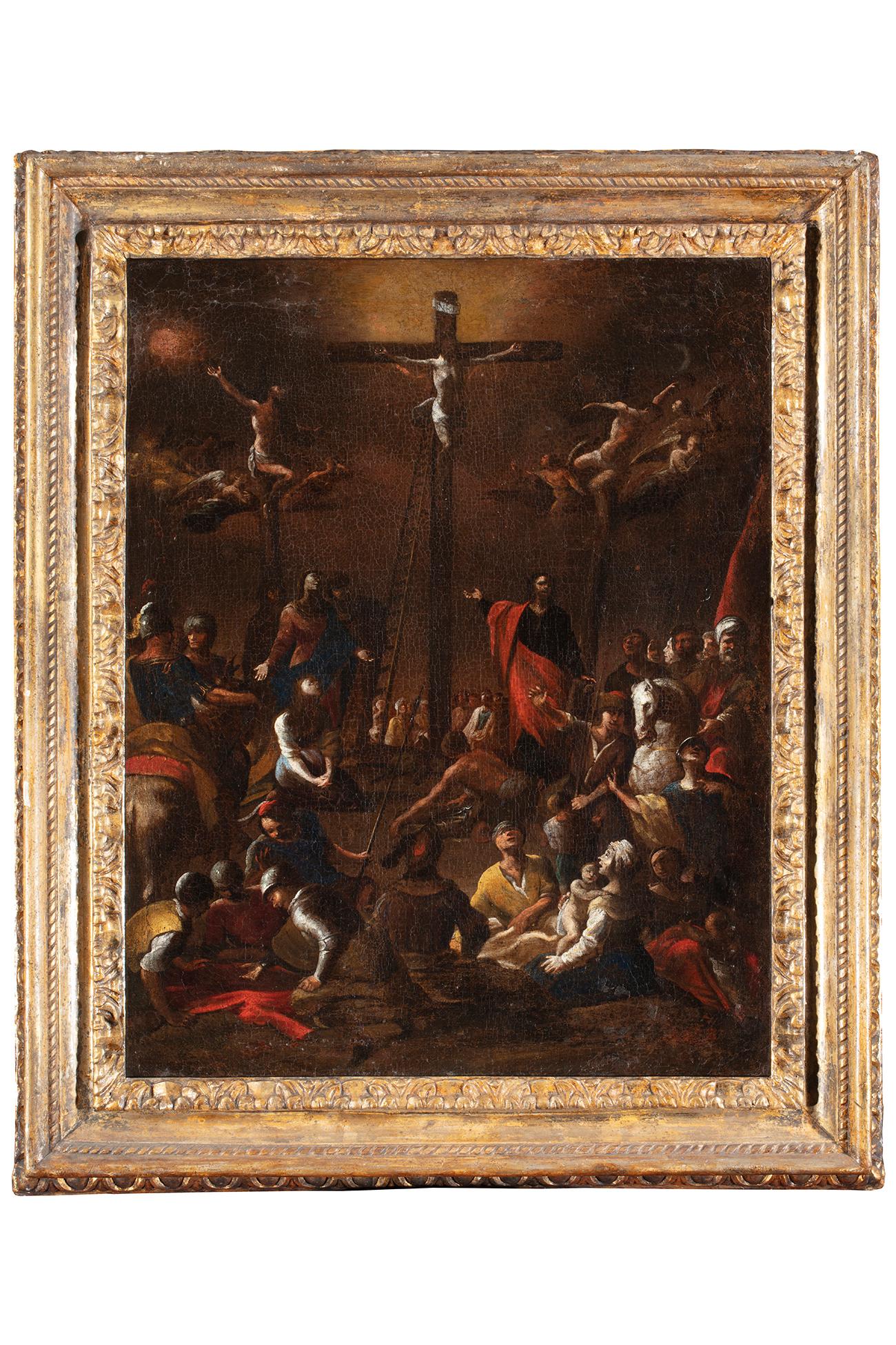 Scipione Compagno (actif à Naples au XVIIe siècle)
Crucifixion 
Huile sur toile, cm. 64 x 52,5 - avec cadre cm. 80 x 67
Cadre de cassette antique en bois sculpté et doré selon la technique Mecca  

Expertise : Nicola Spinosa 
Publications :