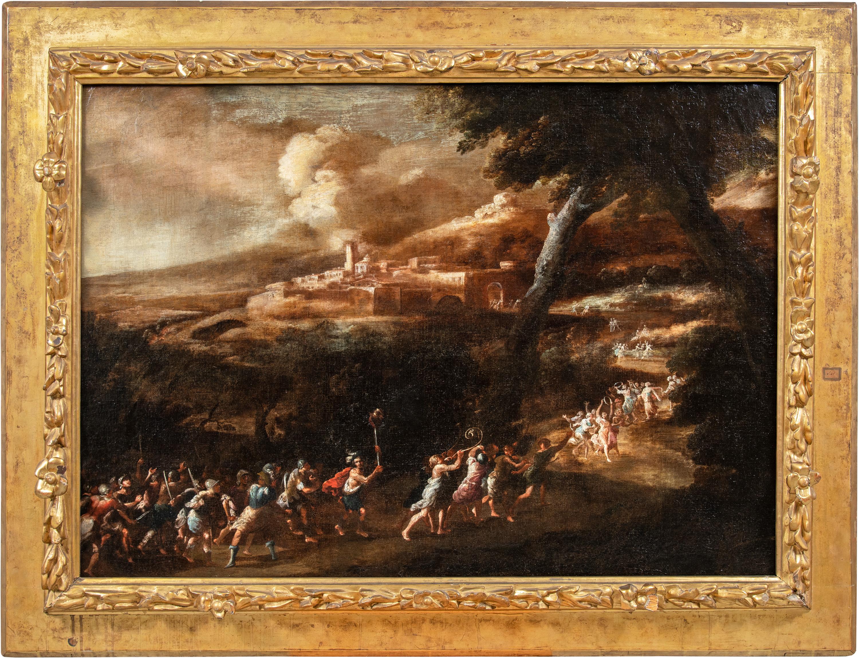 Scipione Compagno (Naples c. 1624 - Naples post 1680) - Triumph of David.

86 x 121 cm without frame, 111 x 145 cm with frame.

Oil on canvas, in carved and gilded wooden frame.

Ancient oil painting on canvas, in a richly carved and gilded wooden